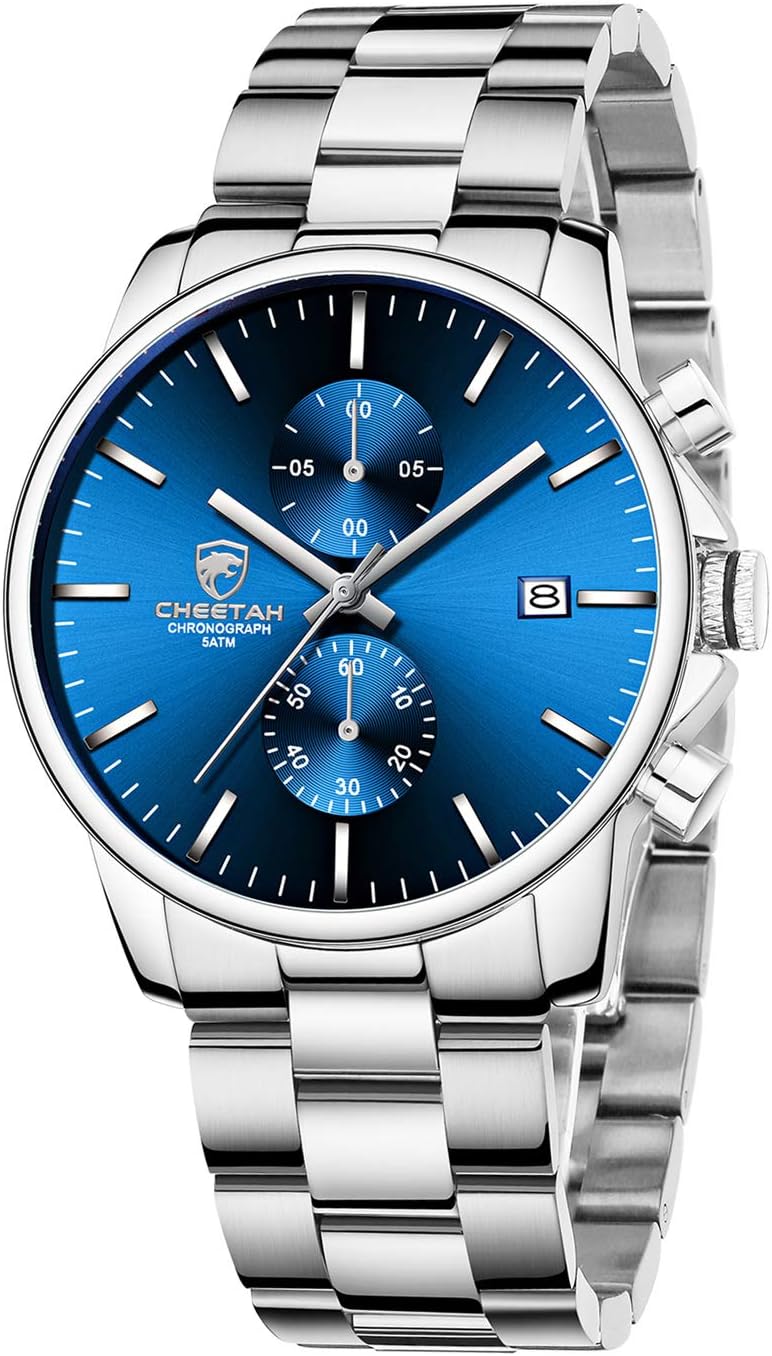 Fashion Business Mens Watches with Stainless Steel Waterproof Chronograph Quartz Watch for Men, Auto Date