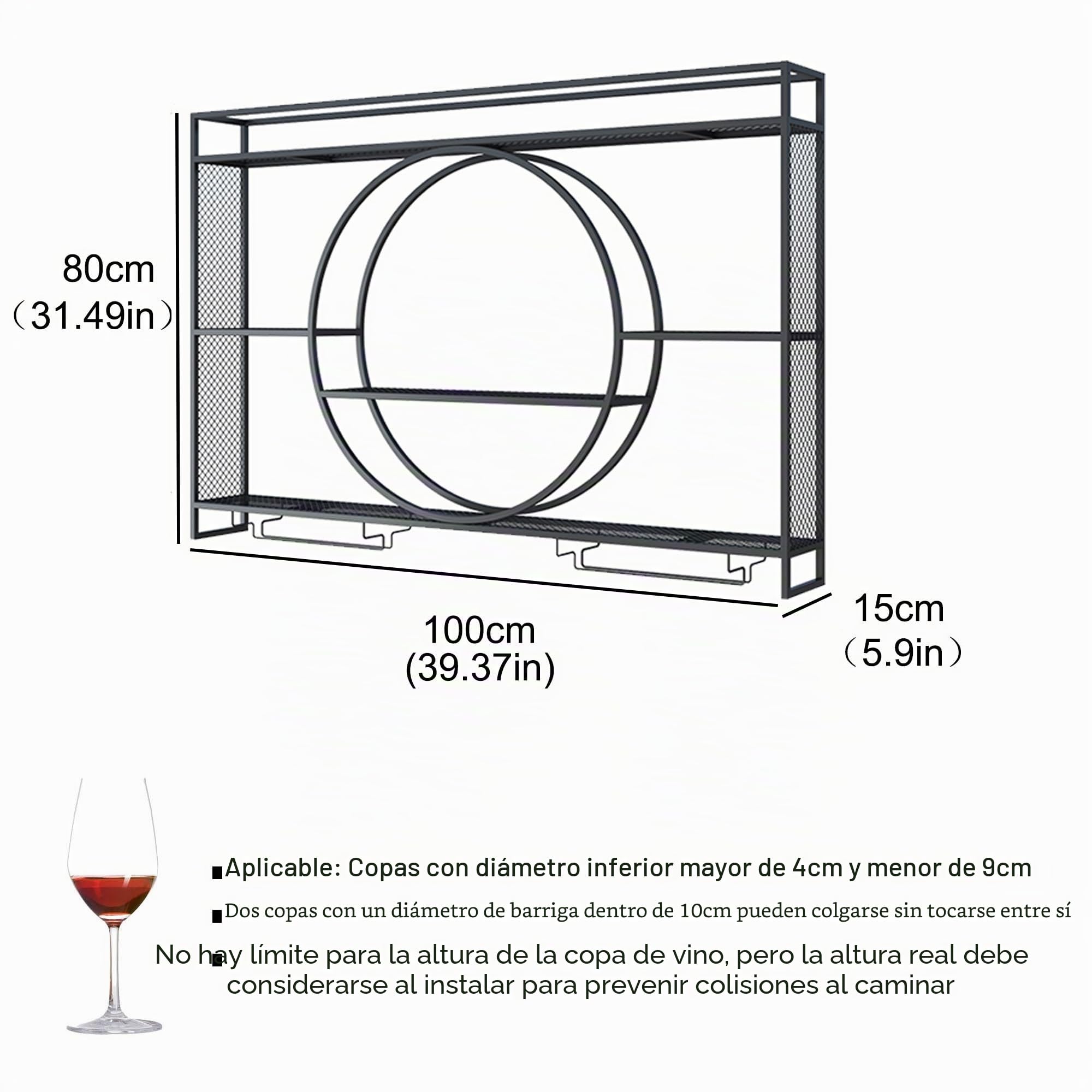 Botellero Vino Pared Mueble Bar Garrafeira de Vino Wine Rack con Soporte Copas Colgante e Luce LED Mini Bar para Casa Barra para Bar Cocina Comedor Sala de Estar(Nero,100cm/39.37in)