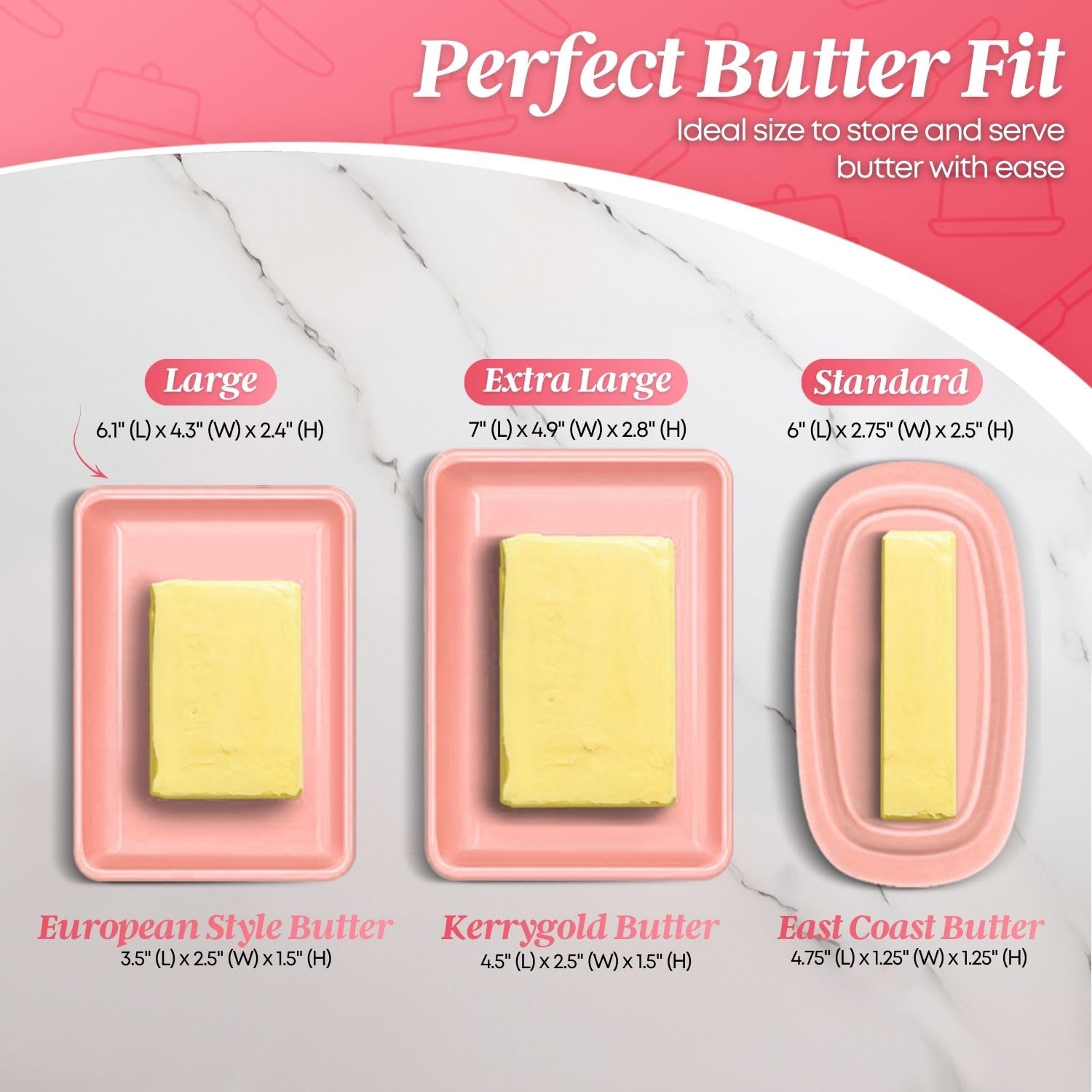 Flexzion Beurrier Européen Rose en Céramique avec Couvercle pour Plan de Travail (18 cm) - Boîte Large Double Pour 2 Bâtonnets de Beurre, Conteneur de Fromage à la Crème
