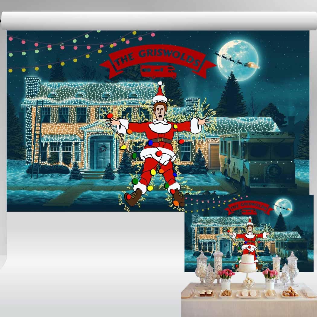 EricbackdropNational Lampoon Christmas Backdrop Holiday Vacation Movie Theme Decorations Clark with Neon Light Snow House Background Xmas Party Supplies 5x3 ft 157