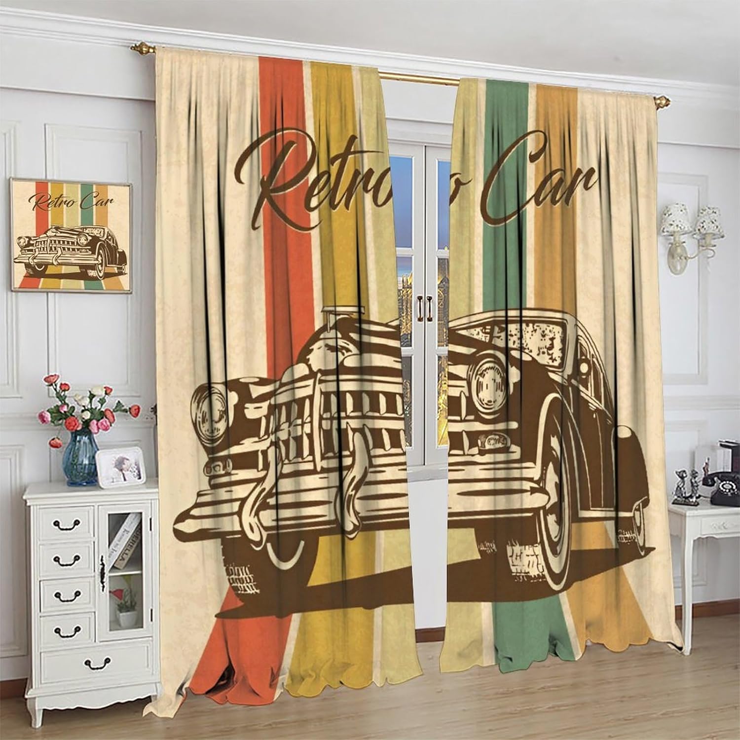 Retro Car Themed Blackout Curtains, Old Classic American Car Colorful Road Window Drapes for Bedroom Living Room, 42" W X 45" L