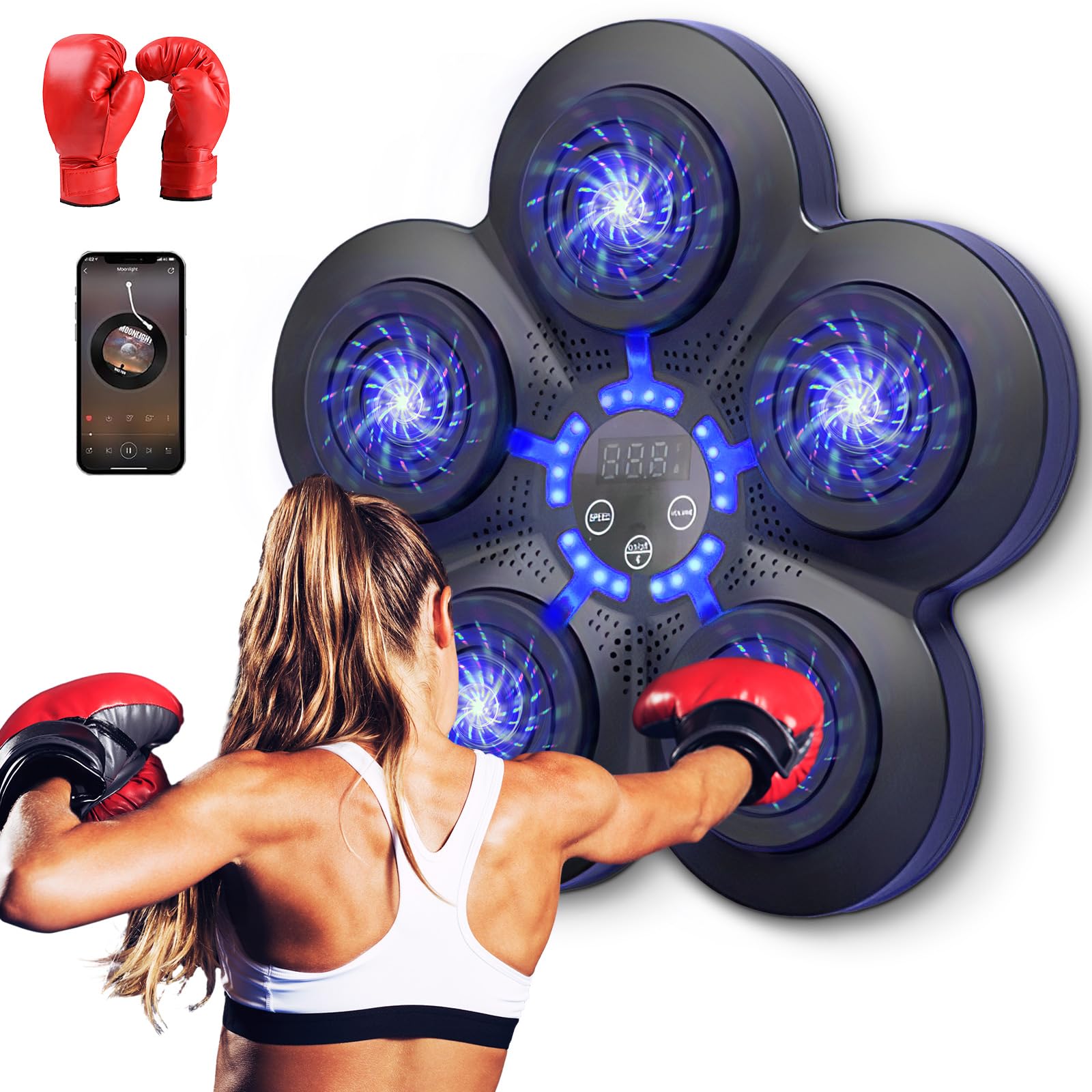 Boxing Machine Wall Mounted, Smart Music Boxing Equipment Punching Pads With LED Light, Electronic Boxing Target With Bluetooth Music (Boxing Machine+Kid Gloves/G)