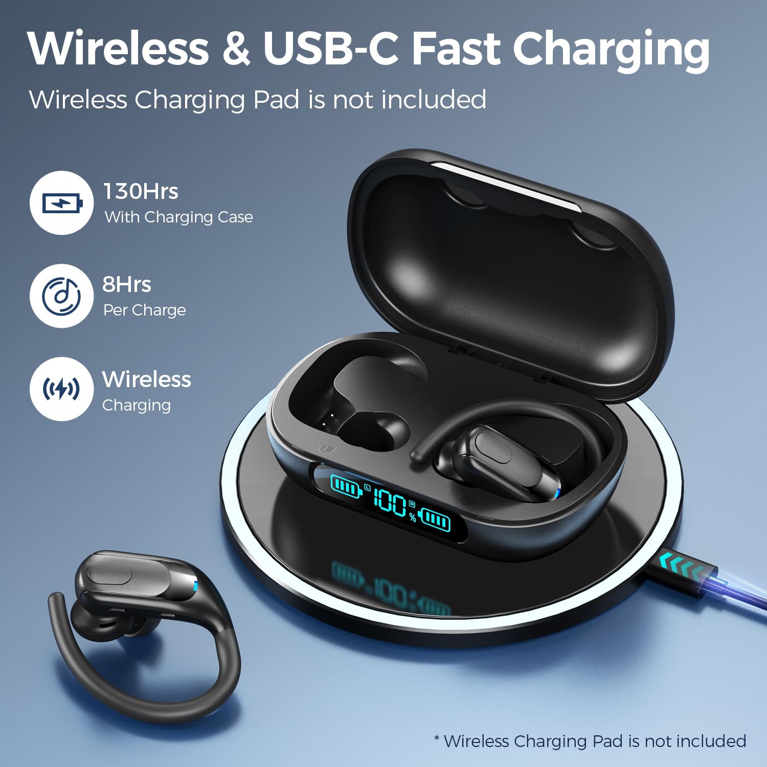 Cuffie Bluetooth 5.3 Auricolari senza fili 130 ore di autonomia Ricarica senza fili Auricolari IPX7 Impermeabili con ganci per orecchie Display a LED per lo sport e la corsa