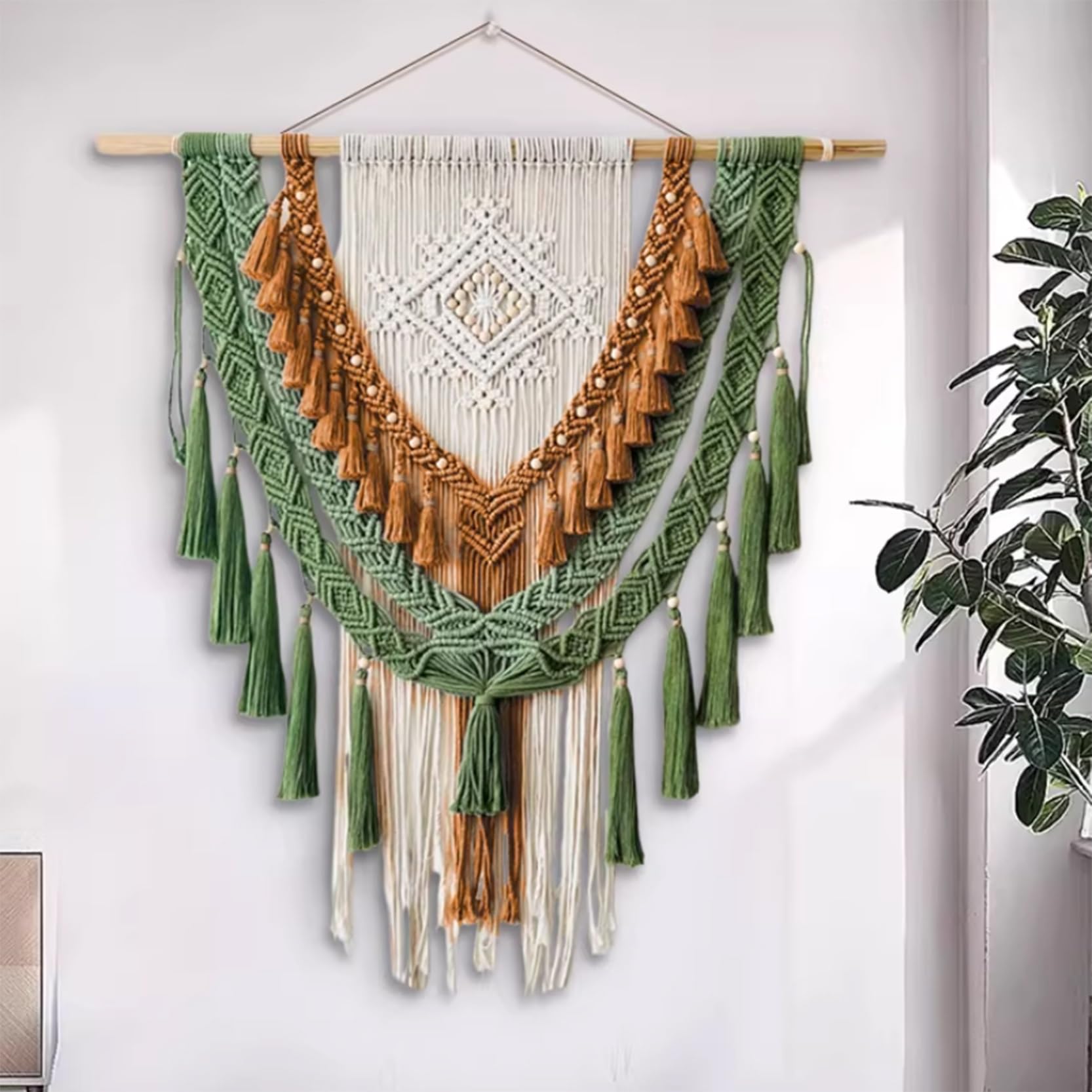 Makramee Wandbehang Groß im Boho-Stil, Breite 31,5/39,4/47,2 Zoll, Boho-Wandteppich, Höhe 41,3/47,2/59 Zoll, beige und grüne Baumwollseil-Quasten-Wanddekoration(100x120cm)