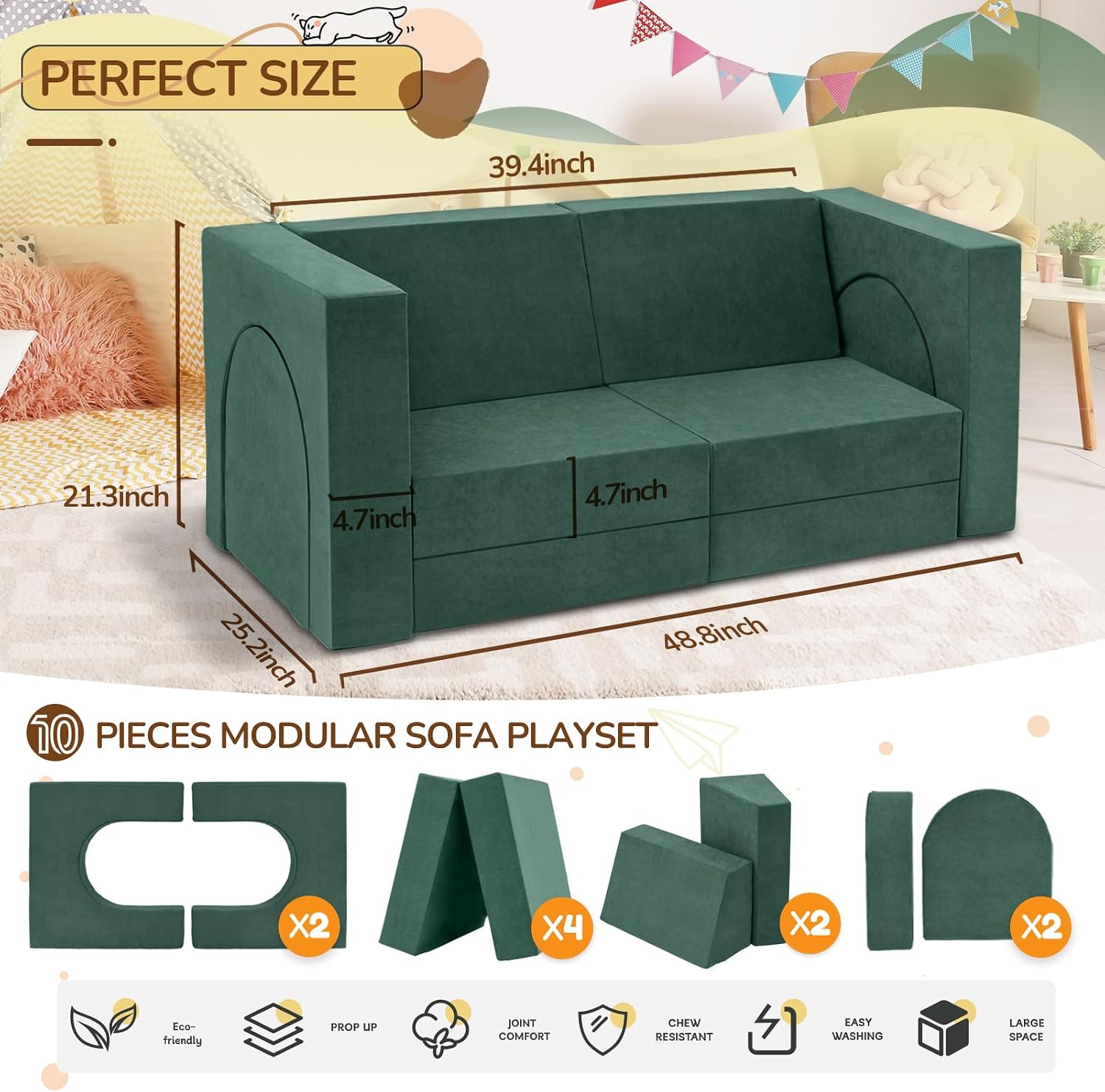 Fvkind 10 Pcs Modular Kids Play Couch for Playroom, Multifunctional Foam Kids Couch, Convertible Sectional Toddler Sofa for Boys and Girls, Toddler Sofa with Premium Foam and Washable Cover, Willow
