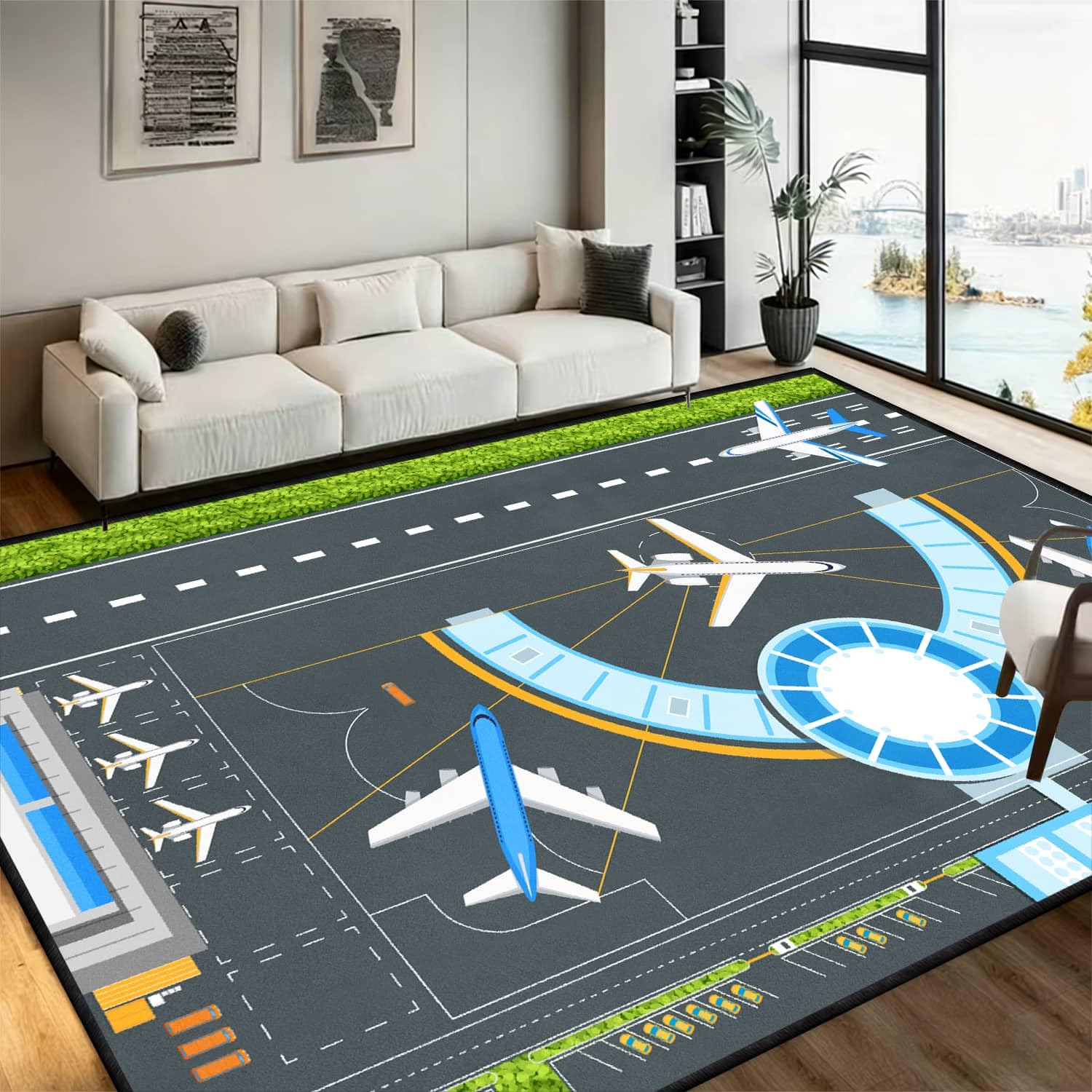 Cartoon Airplane Area Rug, 180x300cm Green Lawn With Gray Airport Runway Rug，Cool Bedside Rug for Boys' Bedrooms, Airplane Takeoff Design Printed Rugs, Non-Slip Carpet for Living Rooms and Playrooms — image 1