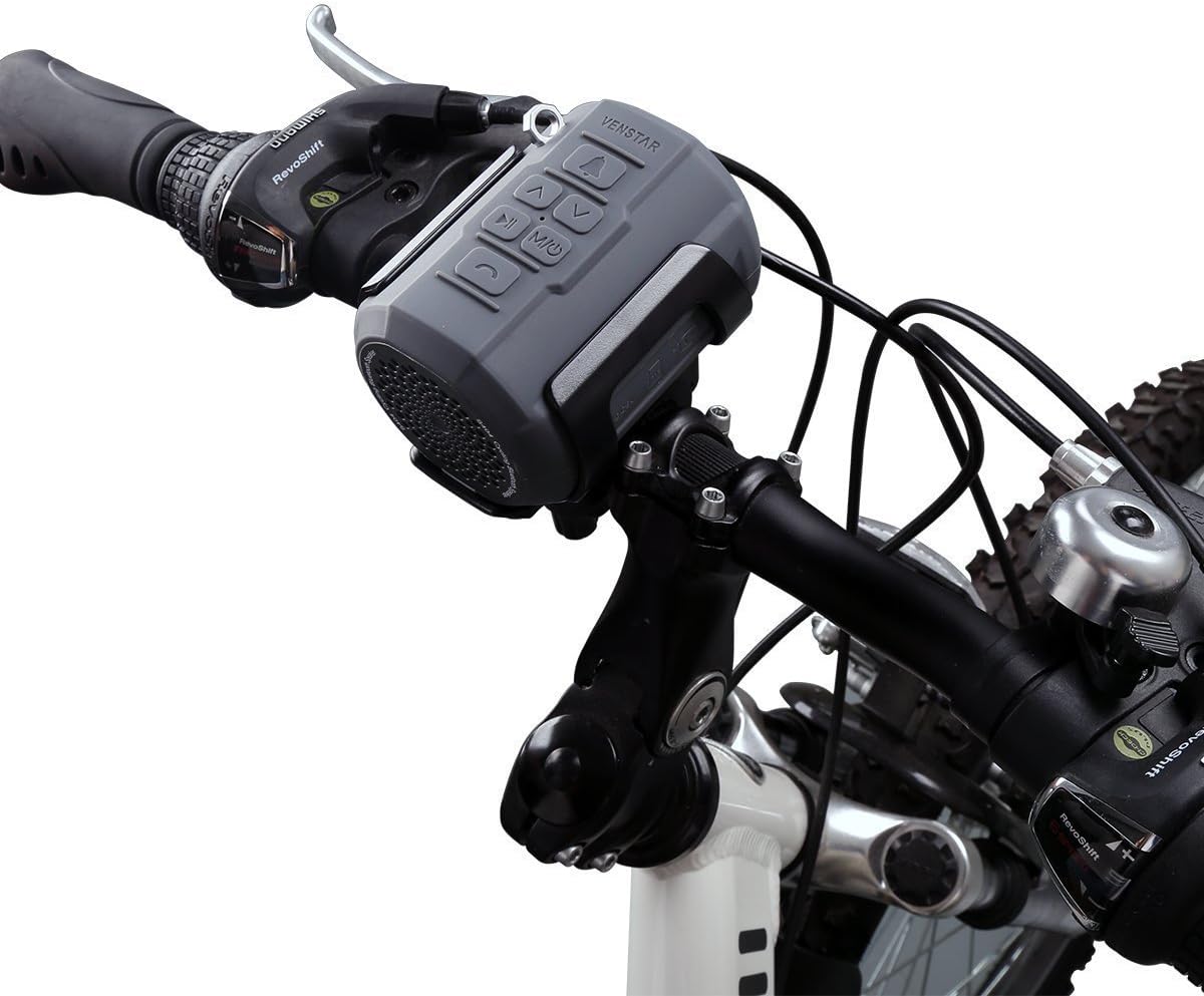 Venstar S404 speaker mounted on a bicycle handlebar.