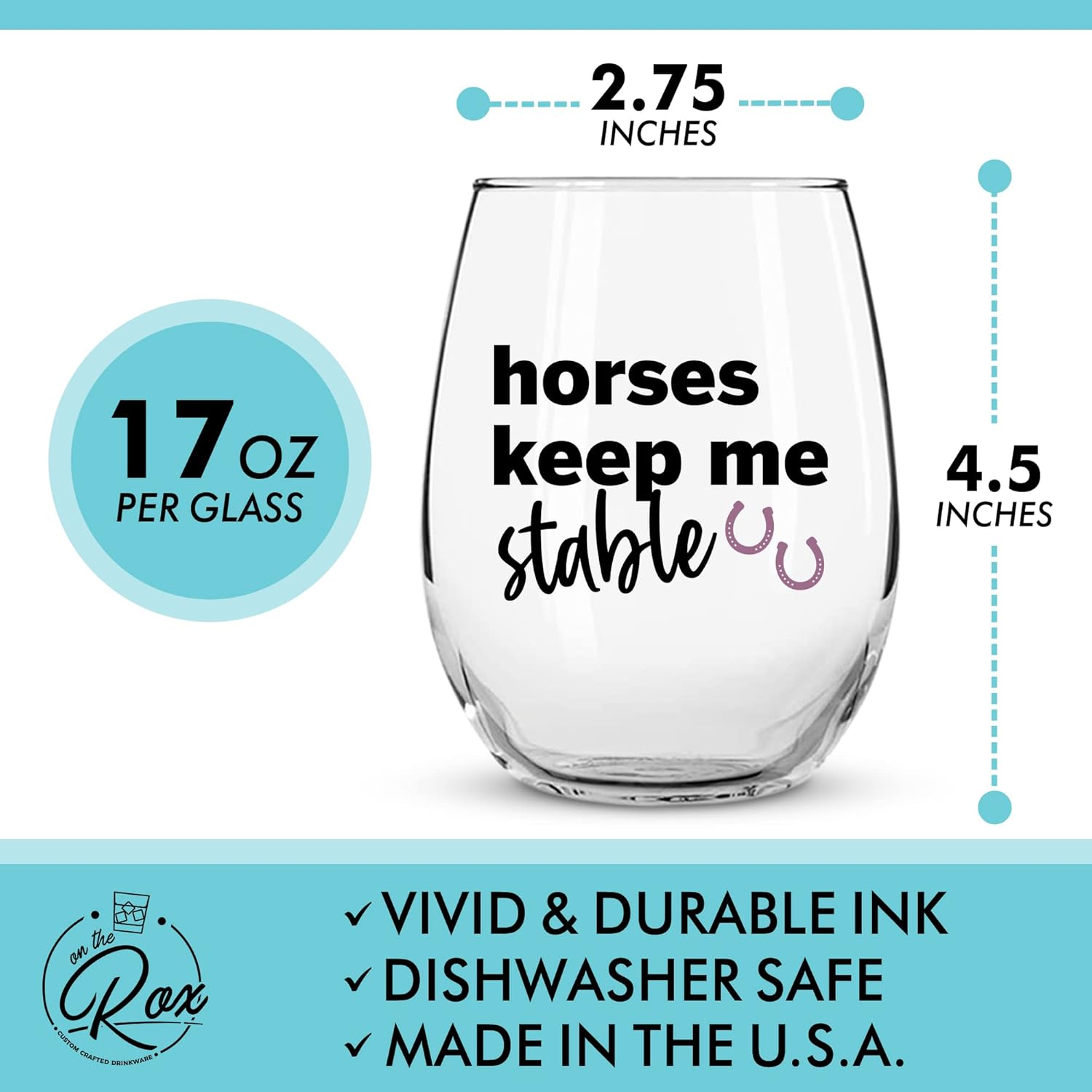 Horse Lovers' Gift: 'Stable' & 'Barn' 17Oz 2PC Stemless Wine Glass Set, Colored by On The Rox Drinks