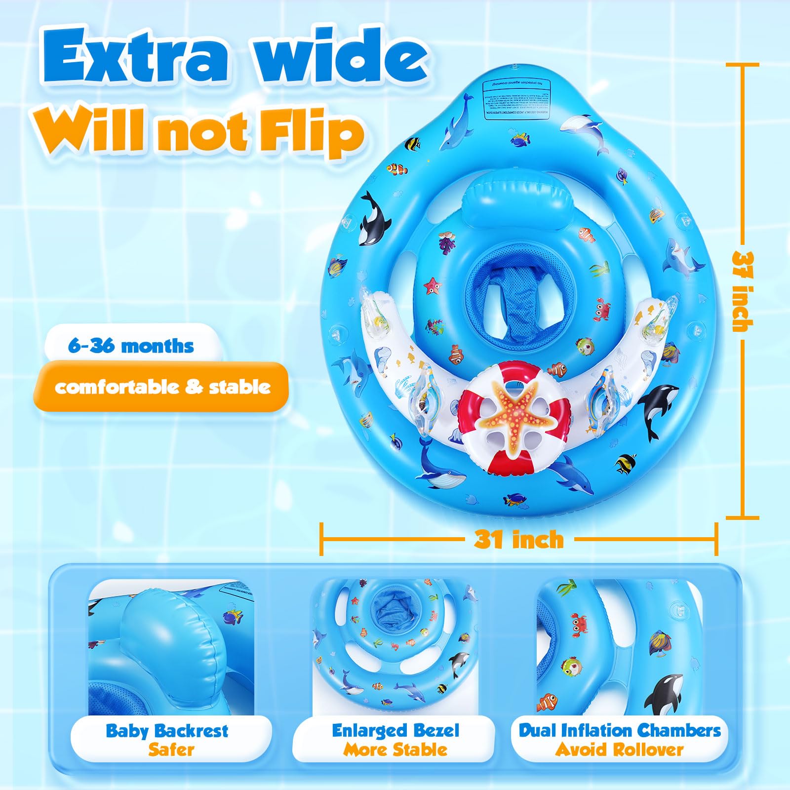 GLOPUS Schwimmring Baby, Baby Schwimmring ab 6-36 Monate Schwimmhilfe Kinder 1 Jahre, Verstellbarer Sicherheitssitz mit UPF50+ Sonnenschutzdach & Spielzeug