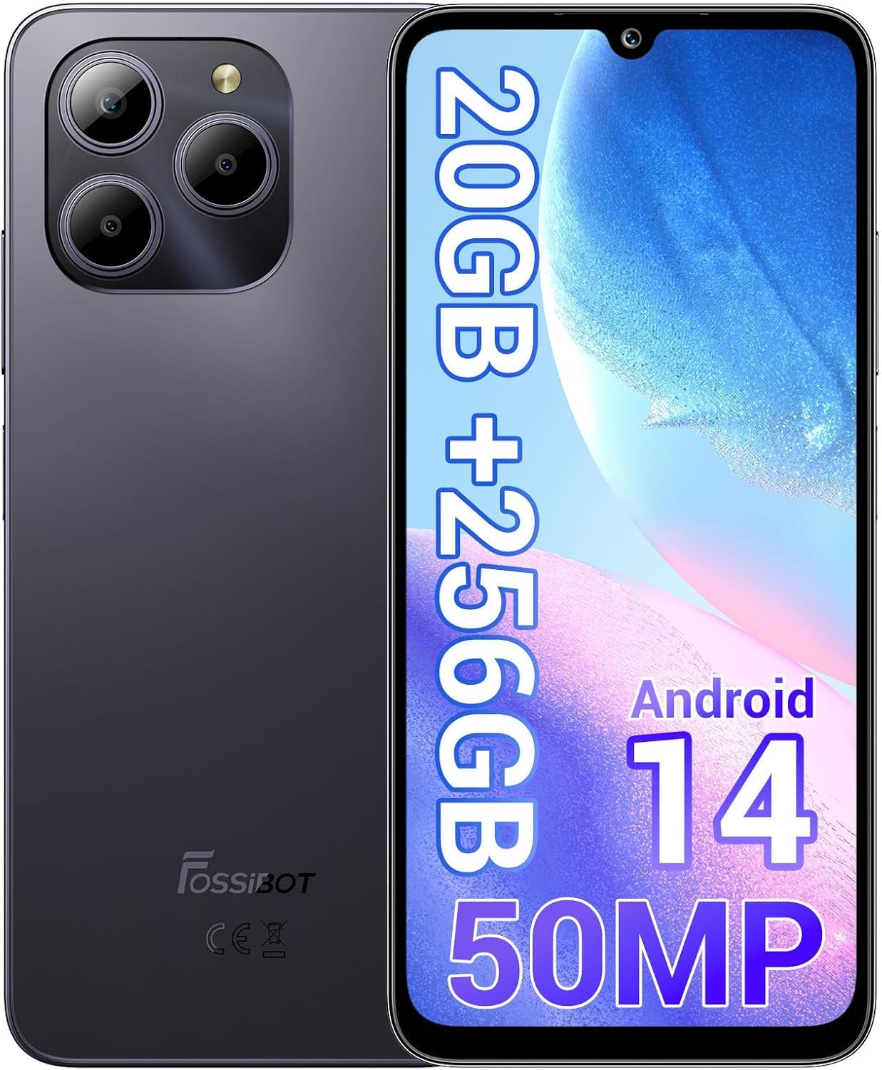 FOSSIBOT S2 Cell Phone Unlocked, 6.72” FHD+ Display, 20(8+12GB)+256GB /1TB TF,5000mAh Battery, 50MP+16MP Camera, Android 14 Smartphone NFC, 4G, 3 Card