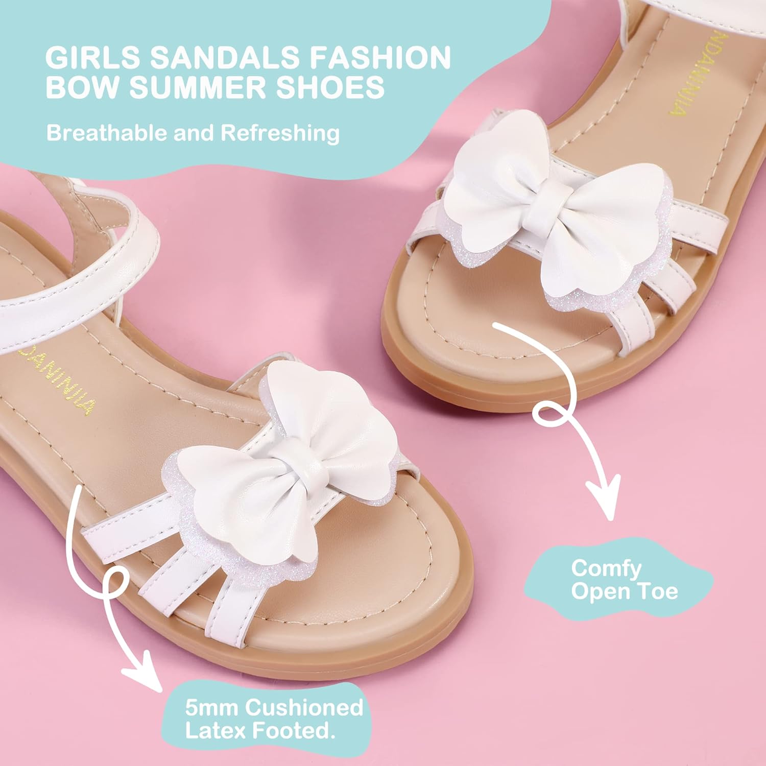 PANDANINJIA Girls Sandals, Open Toe Cute Bow Princess Girls Flats, Sparkly Summer Dress Shoes Sandals for Toddler/Little Kid/Big Kid - Image 4