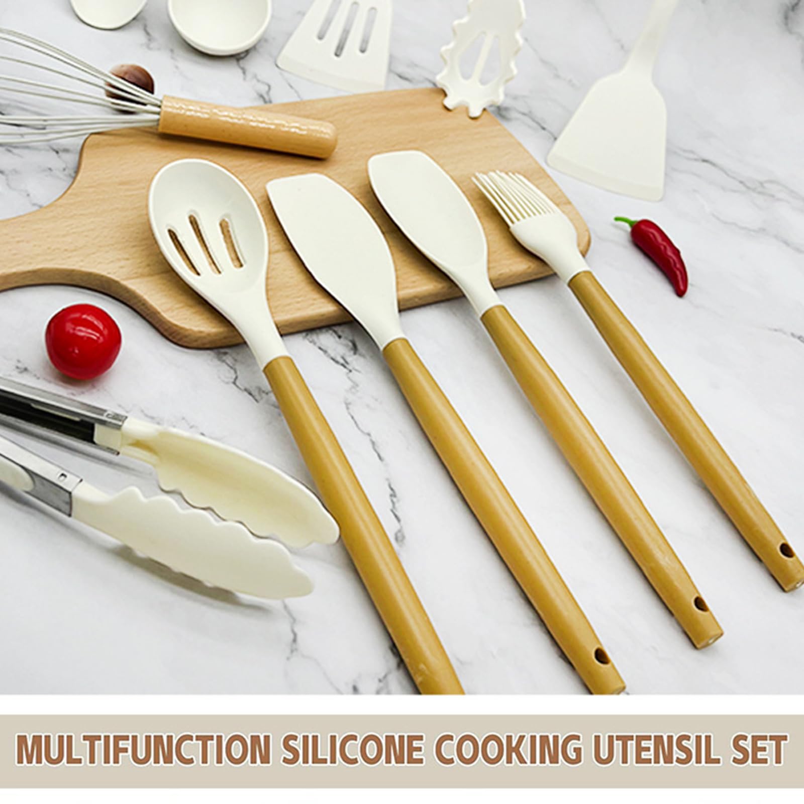 12 Pezzi Set Utensili Cucina Silicone, Set Di Utensili Da Cucina Con Porta Utensili, Mestoli Cucina Silicone Antiaderente Con Manico in Legno, Pentole, Set Mestoli Cucina Resistenti Al Calore
