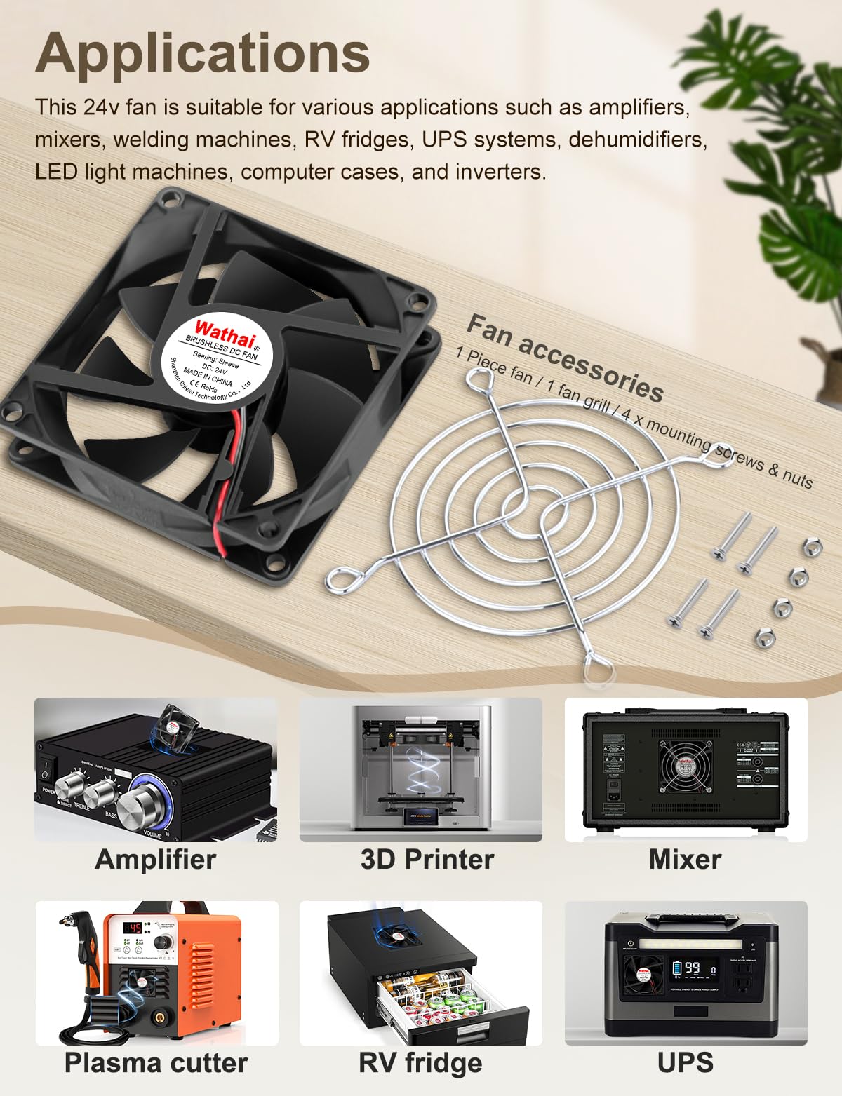 Wathai 24 Volt 80mm DC Brushless Cooling Fan 24V 2Pin 80x20mm DIY Cooler