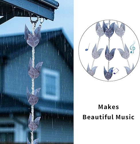 Miniatura 2 de Topadorn Cadenas de lluvia decorativas de 8.5 pies, cadena de canalón de hierro con 12 copas colectoras de lluvia, cadena de lluvia de hojas