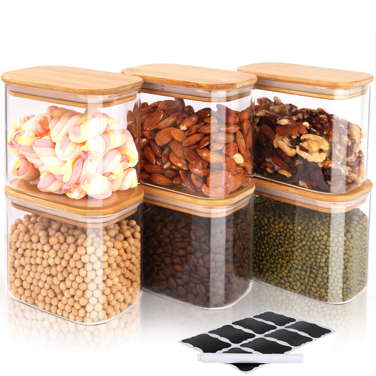 FoiiLiio 800 ML Rettangolari Barattoli Vetro con Coperchio Set di 6 Barattolo vetro con Coperchio in Bambù Barattoli Cucina vetro Ermetici per Spezie, Noci, Cereali -Φ12x8x10cm