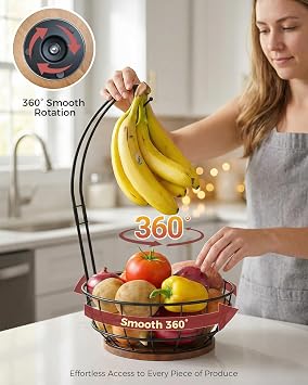 Sevenblue 360 Rotating Fruit Bowl for Kitchen Counter with Banana Holder
