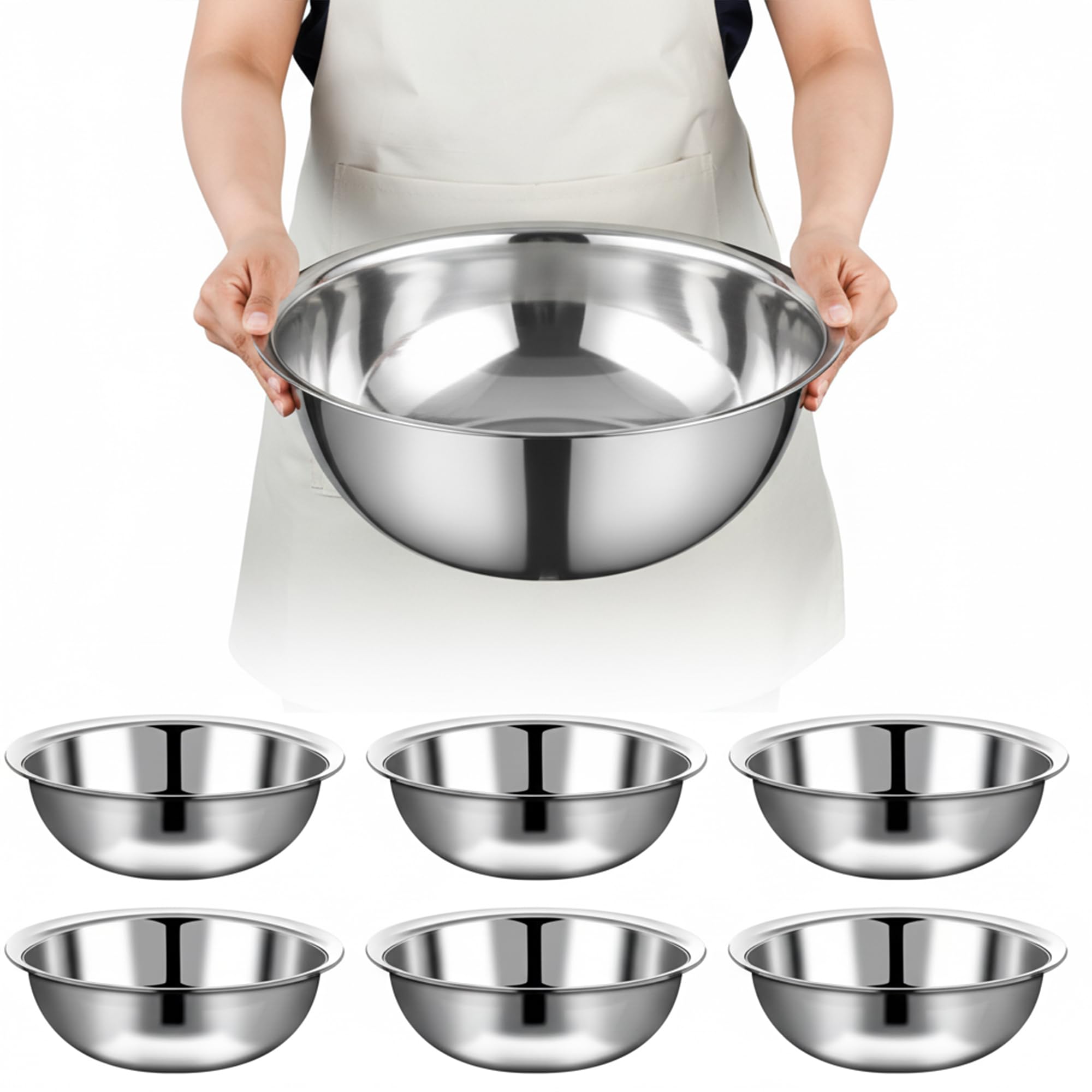 6 pcs stainless steel mixing bowls metal mixing bowls extra large basin salad bowl with deeper edge, dishwasher safe, mirror finish for home and commercial, silver (13 inch 7 qt)