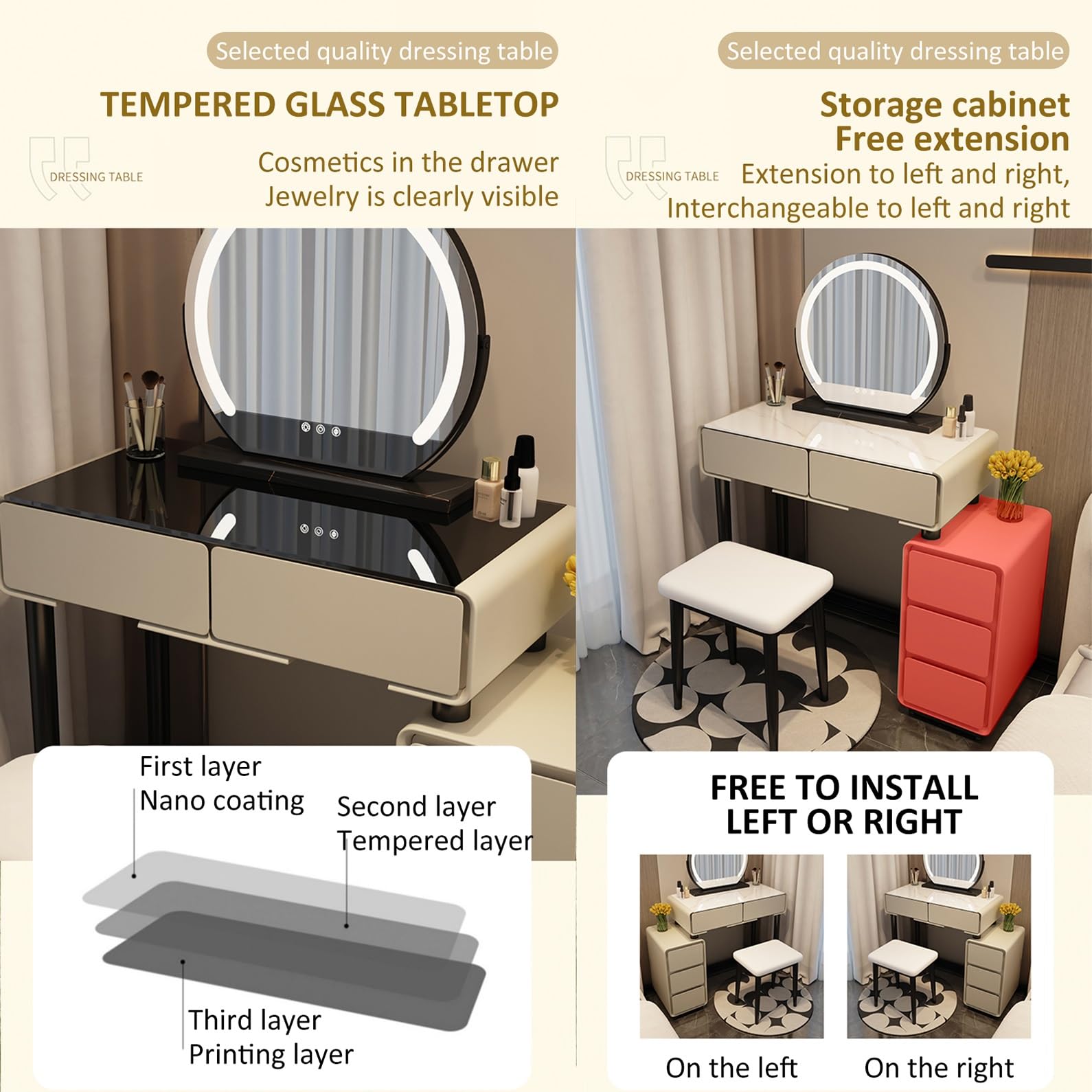 Set da trucco illuminato con luminosità regolabile, grande tavolo con cassetti e armadietti, design compatto per piccoli spazi, include sedia, perfetto per gli amanti della bellezza