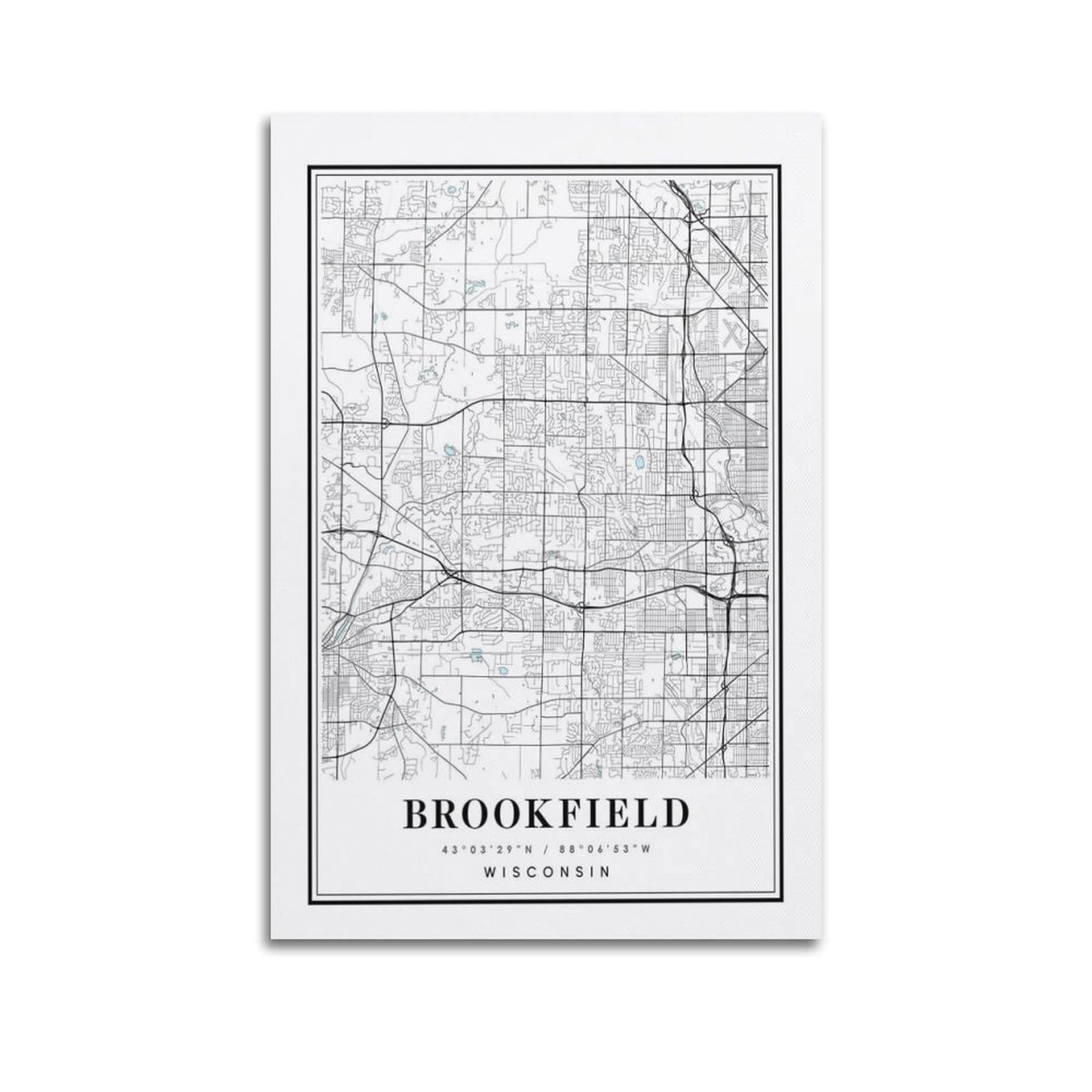 xiaoxiaoshen Brookfield Wisconsin Map Canvas Poster Wall Art Prints Room Aesthetic Murals Bedroom And Living Decorations 24x36inch(60x90cm)