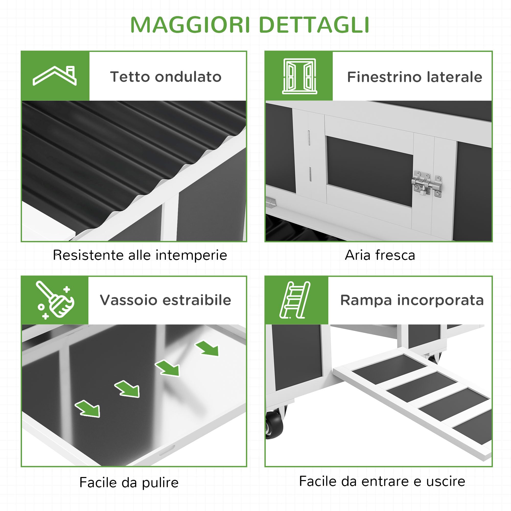 PawHut Pollaio in Legno con 2 Nidi, Ruote Grande Ø7.5cm, Pollaio per Galline Esterno con Tetto Ondulato Apribile Impermeabile, Vassoio Estraibile, Casetta per 2-4 Galline, Anatra, 147x94x90cm, Grigio