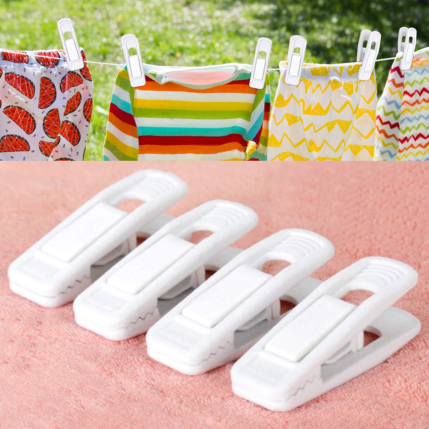 Samt-Kleiderbügel-Clips, Hosen-Samt-Klammern, beflockte Kleiderbügel, Samt-Fingergriff-Clips für dünne Kleiderbügel, Weiß, 26 Stück
