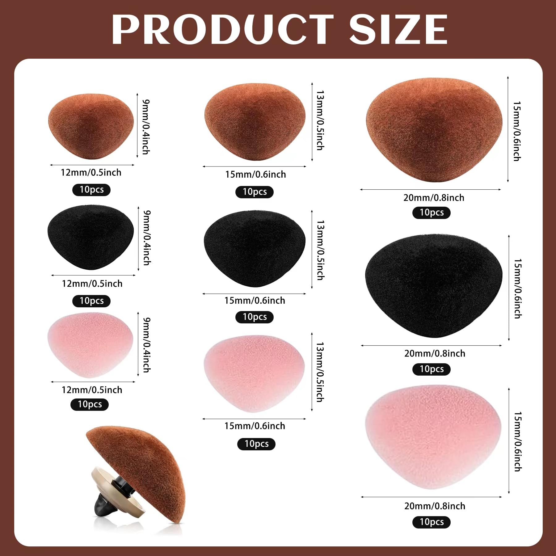 90 Pcs Safety Noses for Amigurumi Plastic Safety Noses for Crochet Flocking Toy Noses Pink Brown Noses with Washers for Craft Doll Puppet Plush Toy Bear Accessories(3 Color)