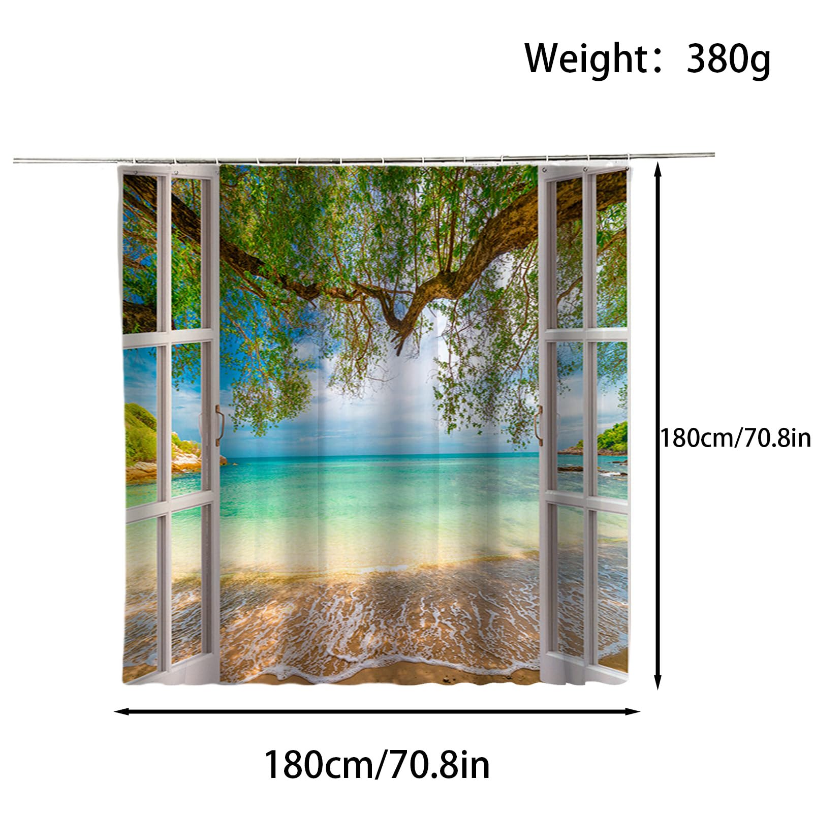 FAIRYGATE Anti Mould Shower Curtain Beach Shower Curtains Waterproof Beach Scene Shower Curtain Set including 12 Hooks for Wet Rooms Bathrooms Outdoor (Beach Pattern 180 * 180cm) B8811 - Image 2