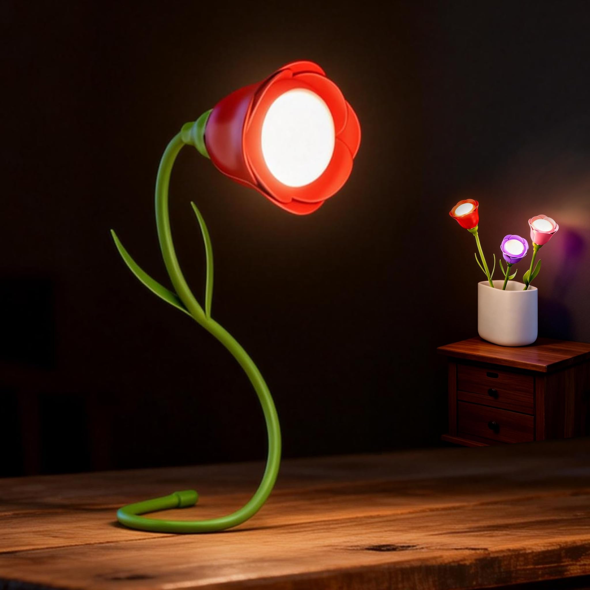 Rose Flower Lamp Rechargeable Reading Light for Bed,3-Color Modes Adjustable Brightness Small Night Light Neck Reading Light,Festival Gifts for Kids Mom Girlfriend Grandma(Red)