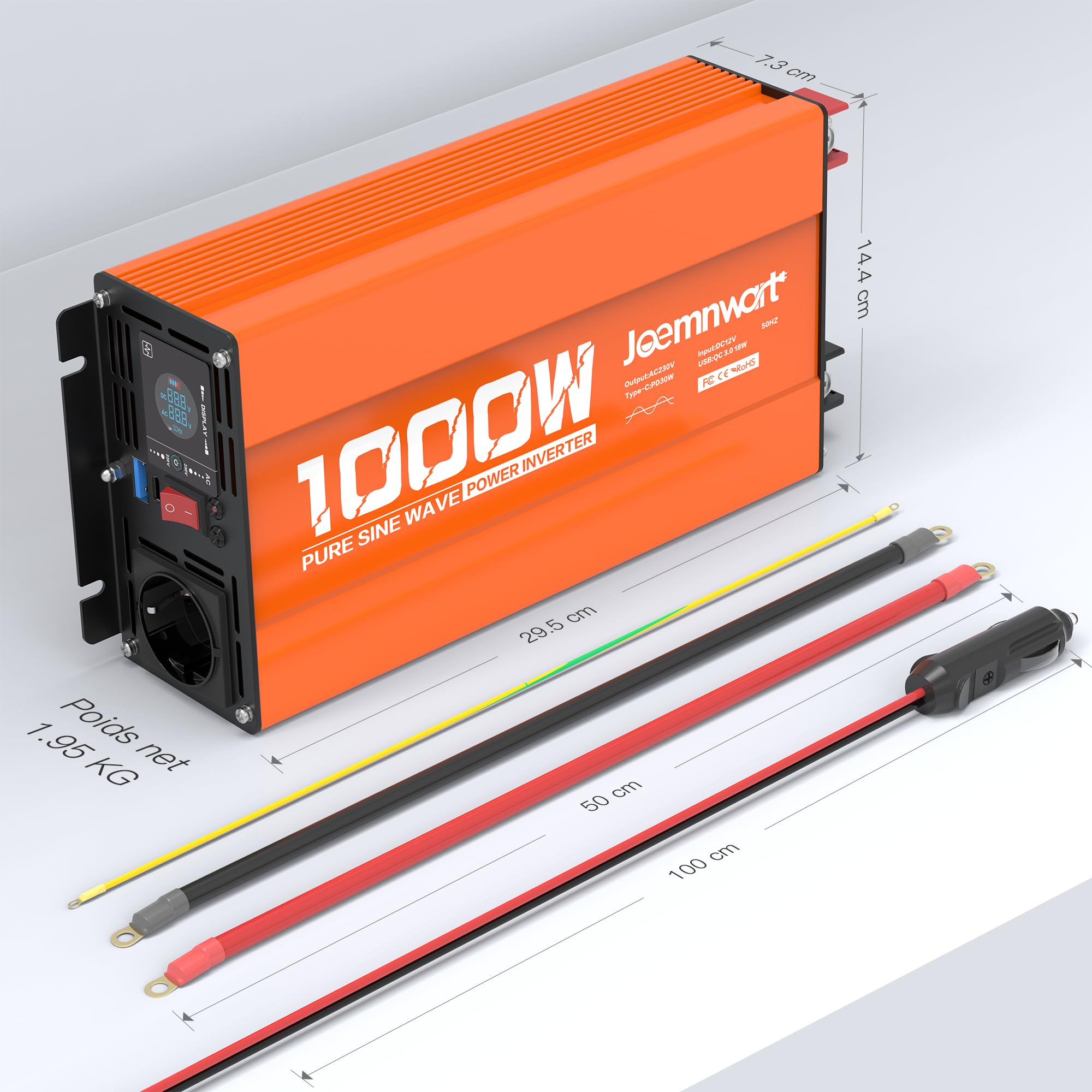 1000W Reiner Sinus-Spannungswandler, 12V auf 230V Wechselrichter mit LCD Display