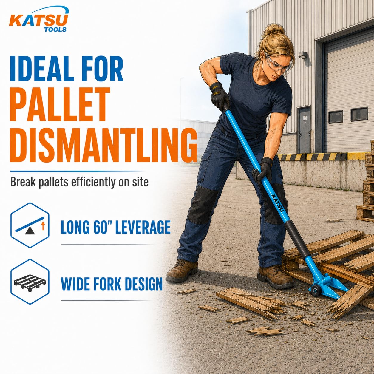 KATSU Tools Herramienta para romper palés de alta resistencia de 60 pulgadas: herramienta de demolición versátil, palanca para derribo, extractor de clavos, mango desmontable de 2 secciones