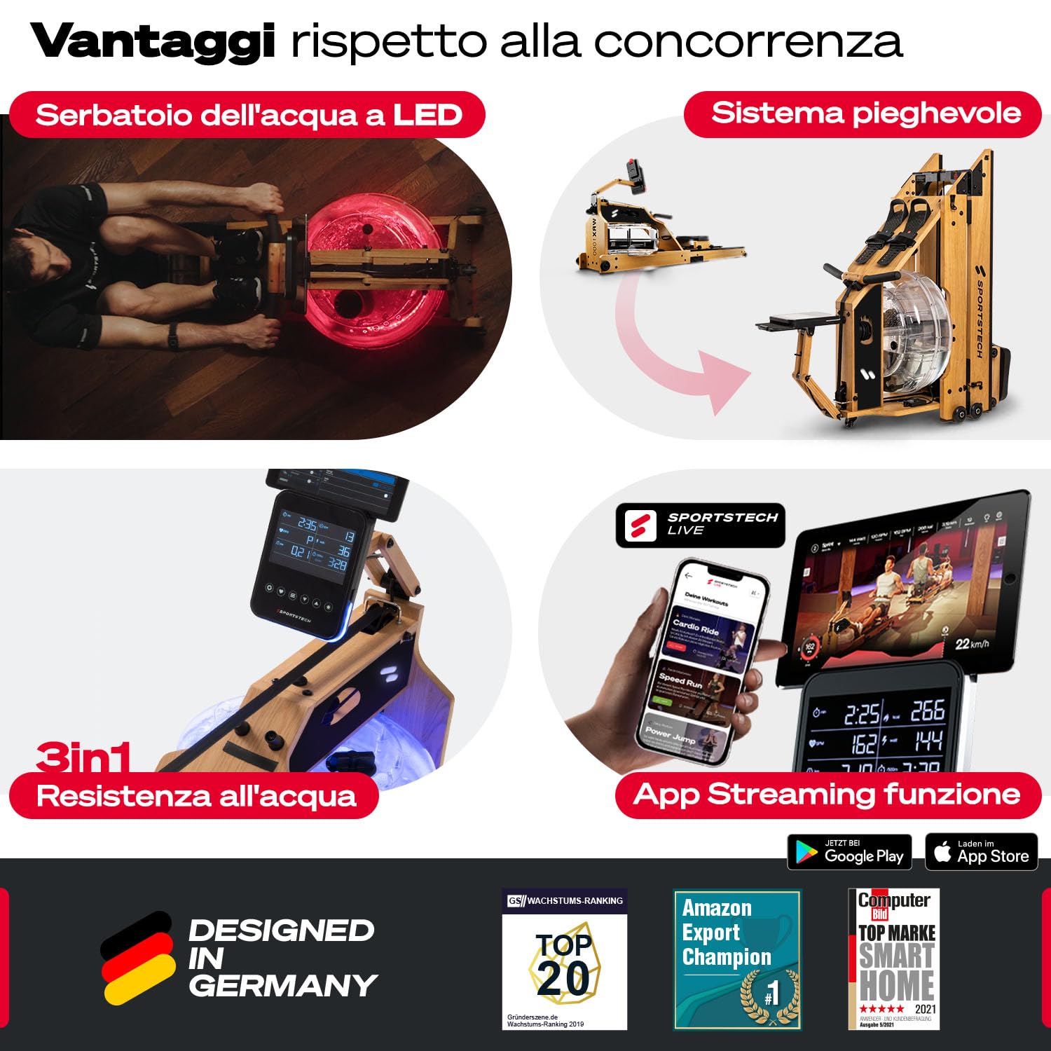 Sportstech - WRX1000 Water Vogatore, Vogatore Pieghevole per Casa, Premium Vogatore ad Acqua con Tecnologia Pulse Serbatoio dell'Acqua a 7 Zone LED e Display LCD