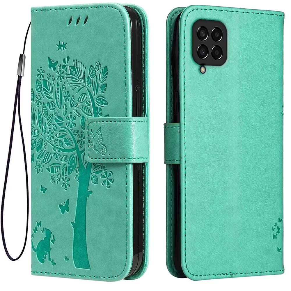 Topme Skórzane etui do Samsung Galaxy M33 5G (16.8 cm) [etui na telefon w stylu kota i drzewa] - zielone