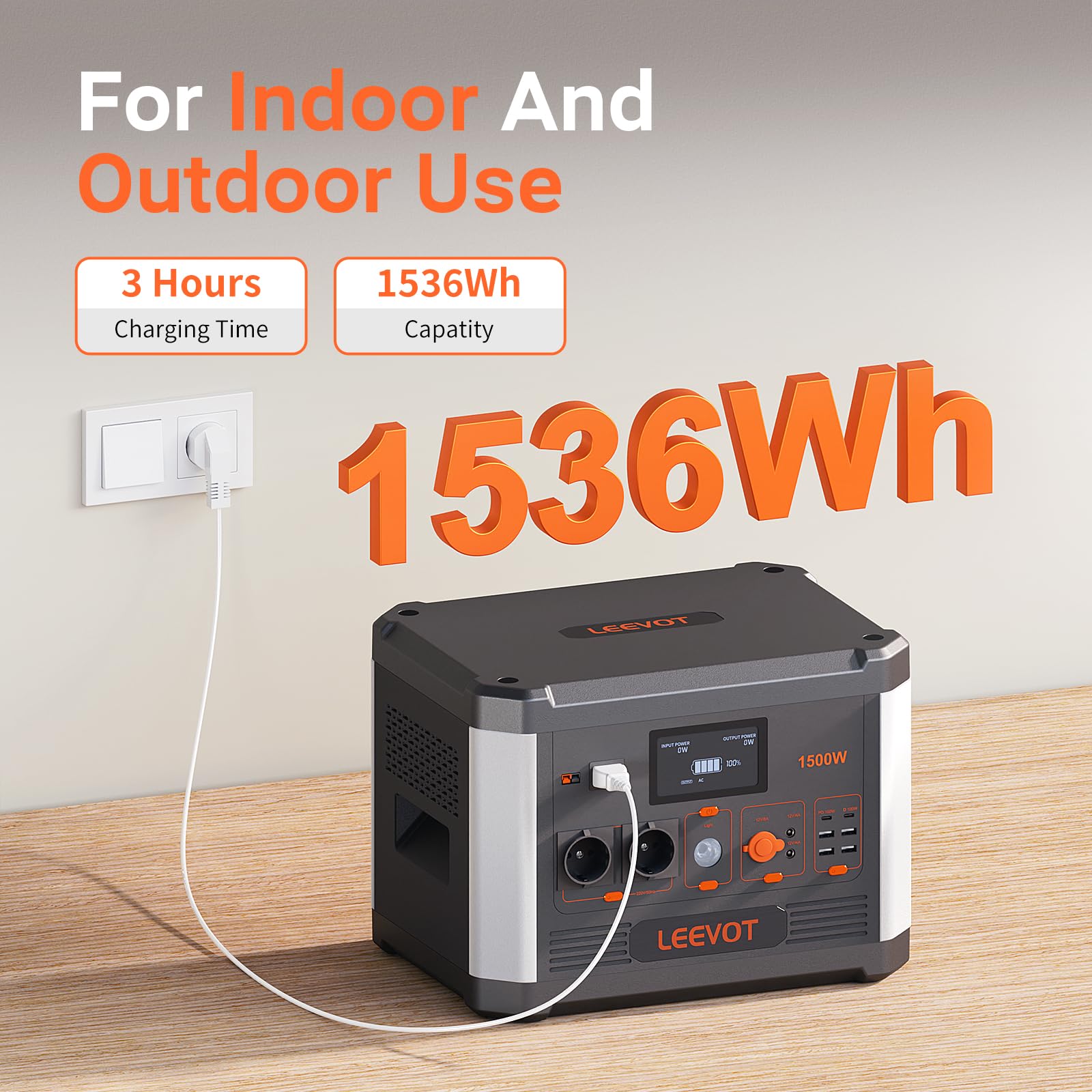 Centrale électrique portable de LEEVOT, batterie de secours Casa LiFePO4 de 1536 Wh, sortie AC à onde sinusoïdale pure de 1500 W avec bandoulière, générateur solaire pour usage extérieur et camping