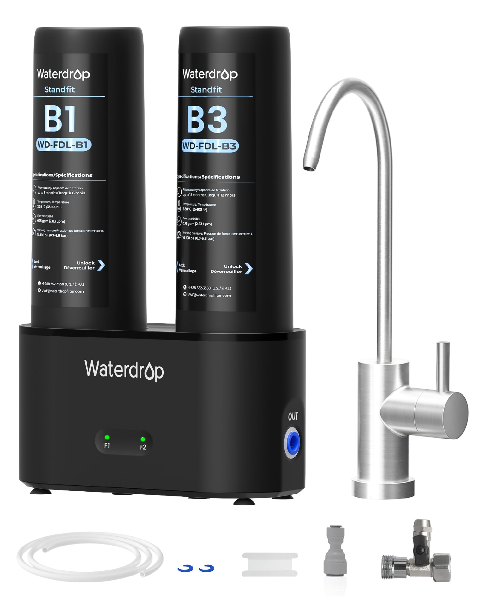 Waterdrop DLB Filtro De Agua Bajo Fregadero, Reduce Cloro, Cloramina, PFAS, Mal Sabor, Con Grifo Separado, Indicador De Vida Útil, 2 Etapas