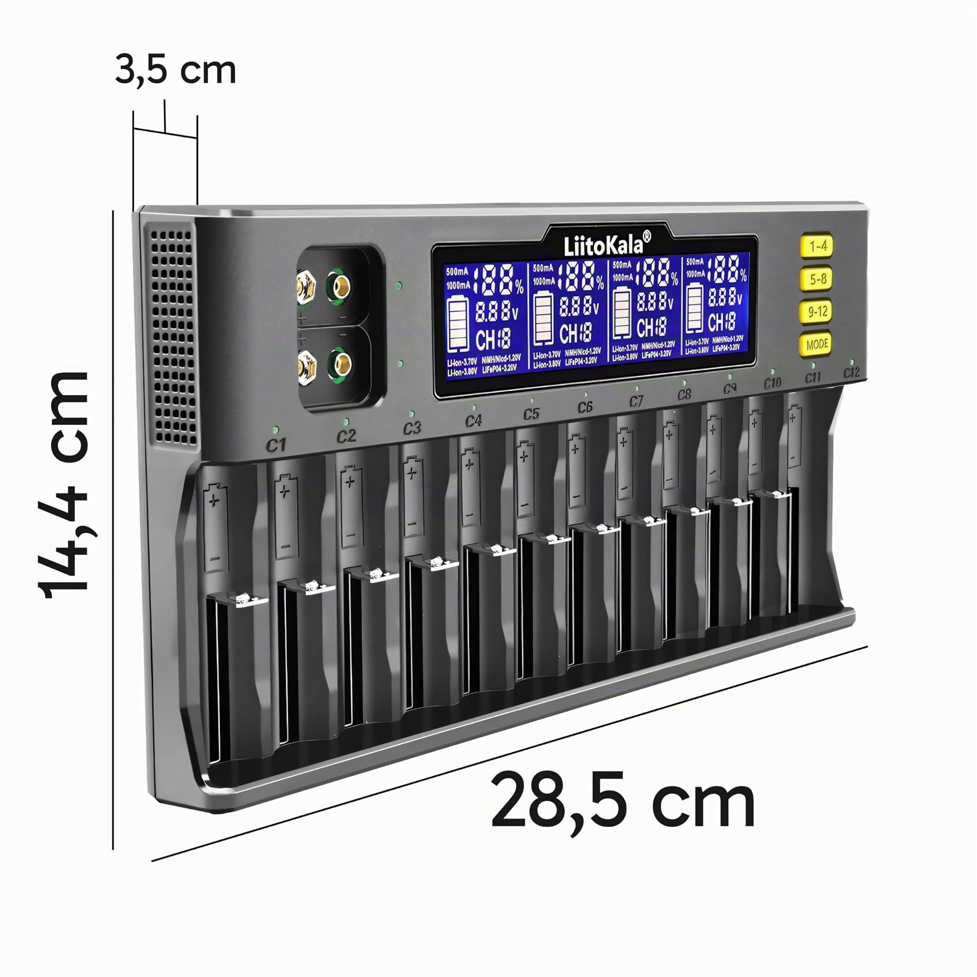 Retoo Chargeur de Piles, 12 Prises de Charge, AA, AAA, 9V Ni-MH/Ni-CD, Li-ION 3,70 V/3,80 V, LiFePO4 3,20 V, Chargeur de Batterie Rapide Universel avec écran LCD, Batterie Rechargeables, Noir