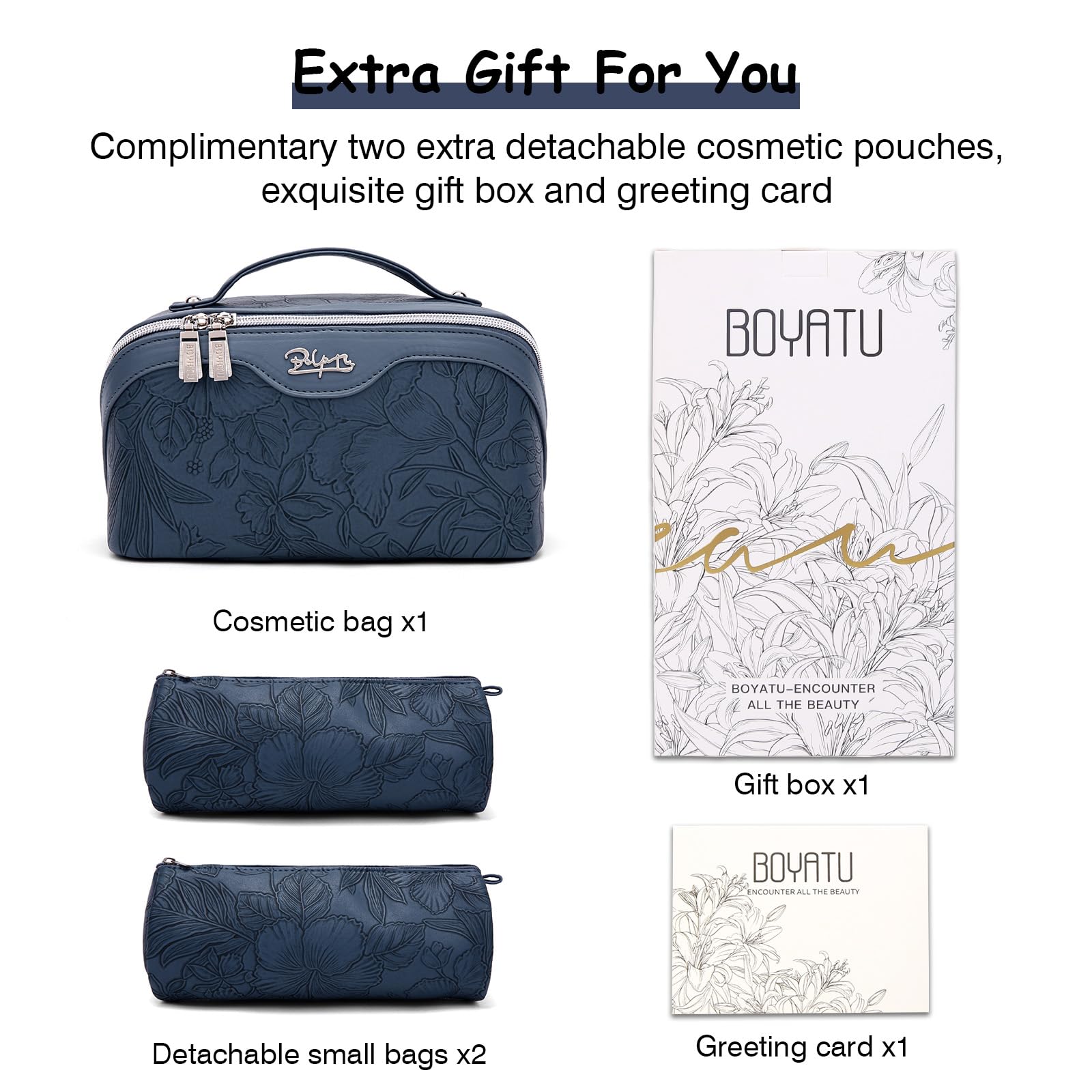 Set di 3 custodie per trucco da viaggio di grande capacità – Astuccio da toilette in pelle sintetica da donna – Custodia portatile con grande apertura con separatore e maniglia, 02-blu scuro, Astuccio