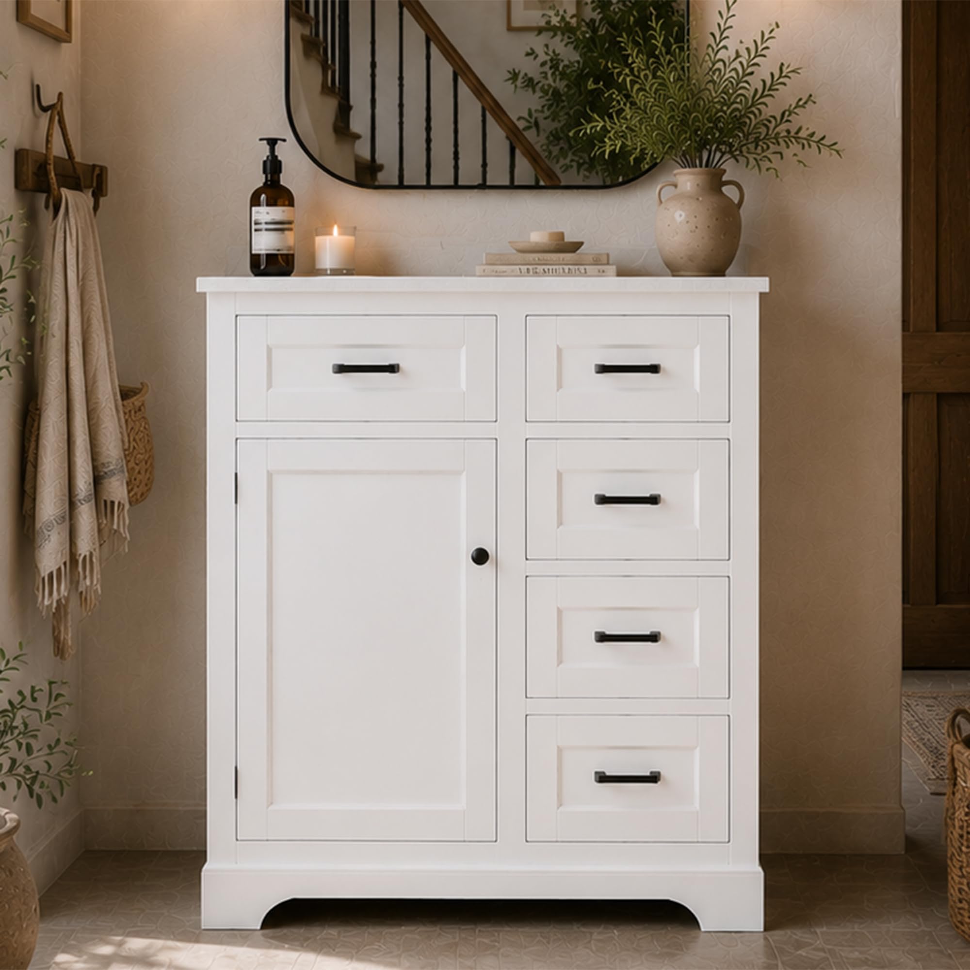 76 x 47 x 82 cm; mobiletto sottolavabo a pavimento; superficie verniciata; ante con funzione soft-close; estrazione laterale a due livelli; lavabo in ceramica integrato; mensola porta; bianco.