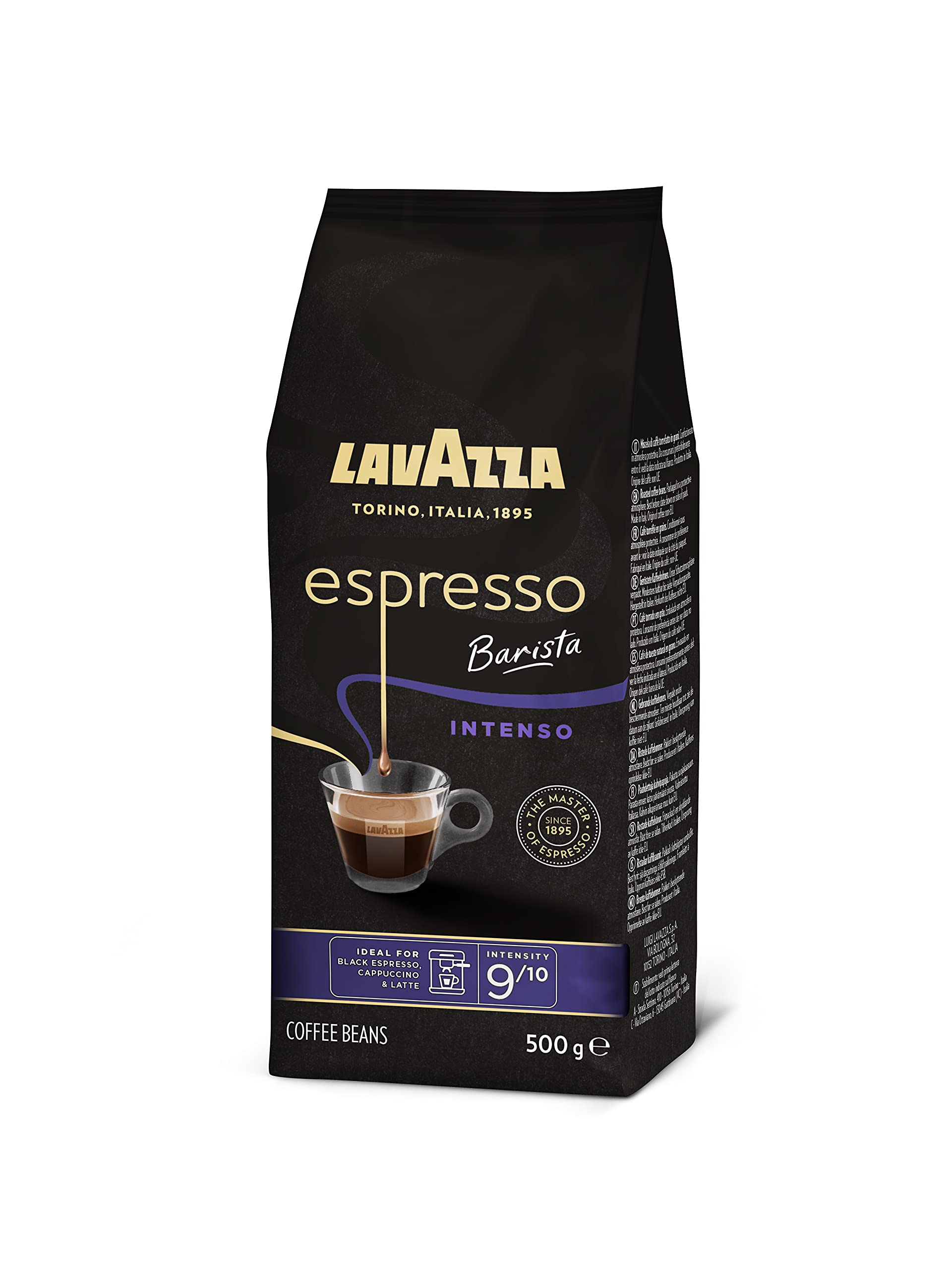 Lavazza, Espresso Barista Intenso, Café en Grano Natural Tostado, Ideal para Máquina de Café Espresso o Superautomática, con Notas Aromáticas de Cacao y Madera, Intensidad 9/10, Tueste Medio, 500 g