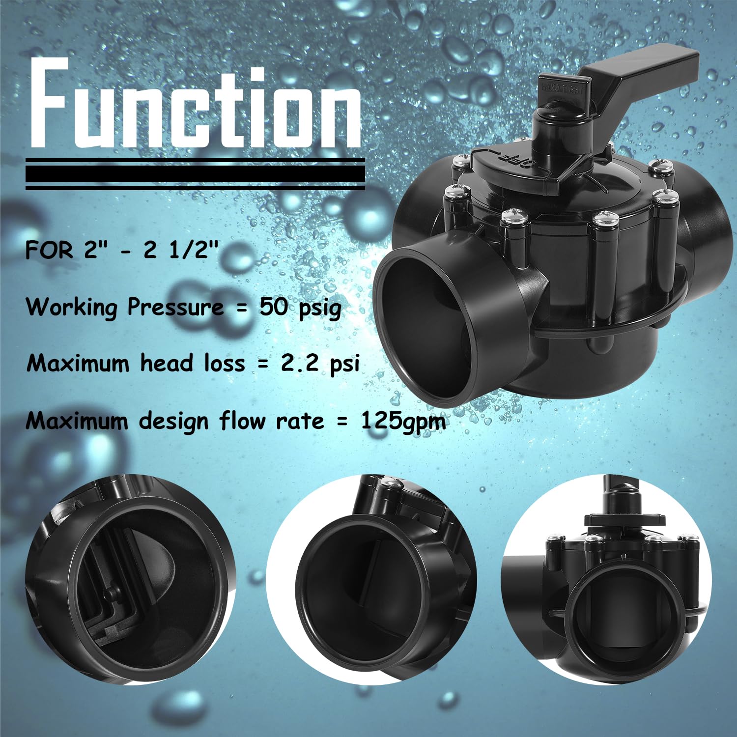 4717 Válvula NeverLube de sellado positivo de 3 puertos, 2 a 2-1/2 pulgadas, flujo de 170 GPM, adecuada para tubos de PVC de 2 y 2-1/2 pulgadas