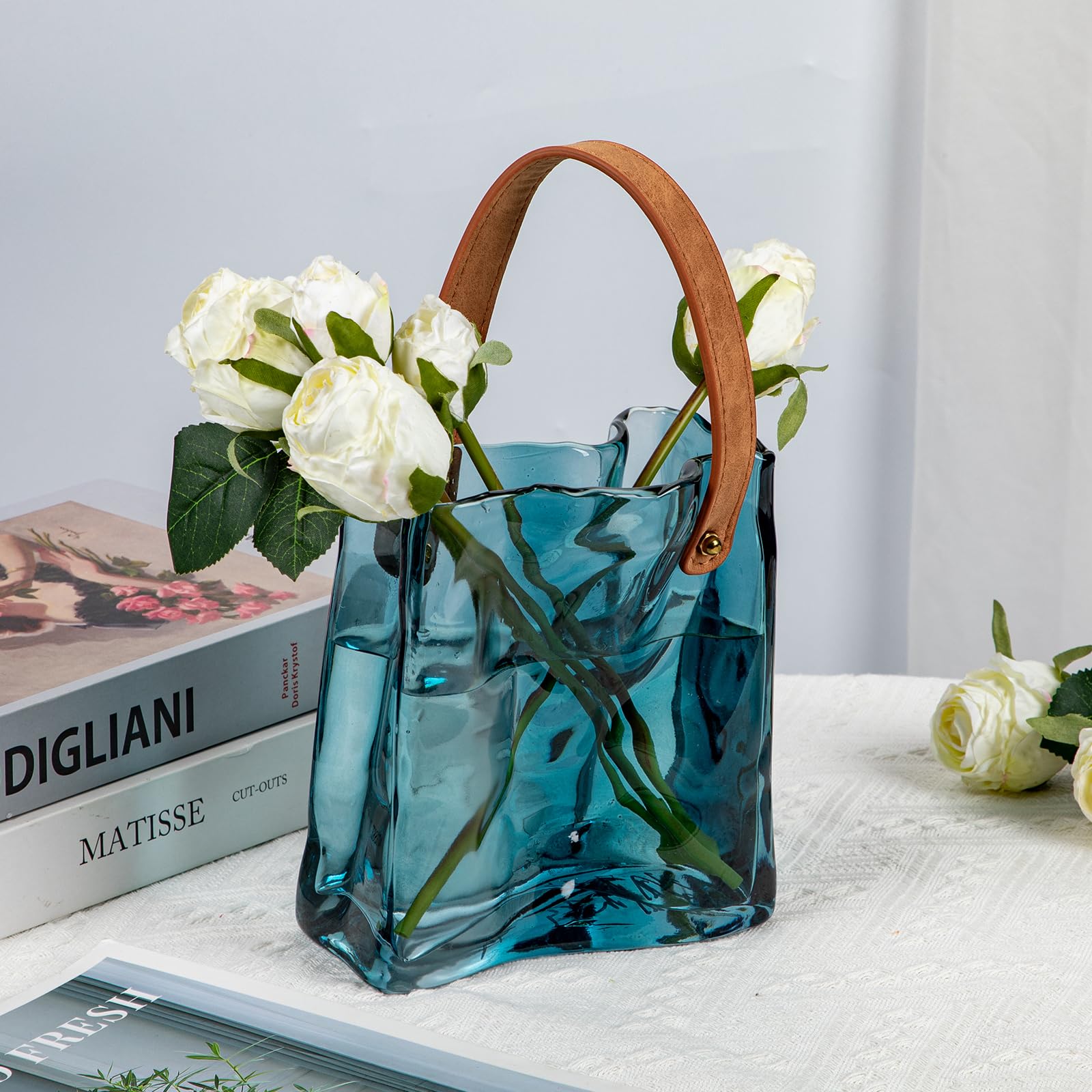 Hollyone 17cm Thickened Glass Vase for Flowers Blue Flower Vase for Room Decor Aesthetic Unique Vases with Handle for Wedding Living Room - Image 3
