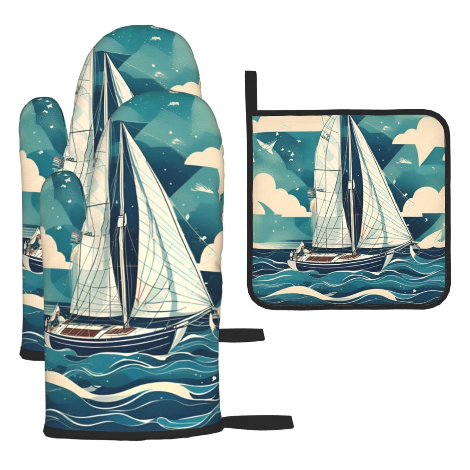 Yyoretp Black Ocean Sailboat Print Oven Mitts And Potholders Bbq Gloves-Oven Mitts And Pot Holders For Cooking Baking
