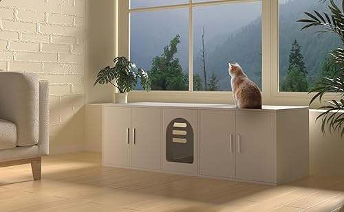 Miniatura 7 de Caja de arena para 2 gatos, caja de arena para gatos con habitación doble, muebles de madera con puerta para gatos, color blanco