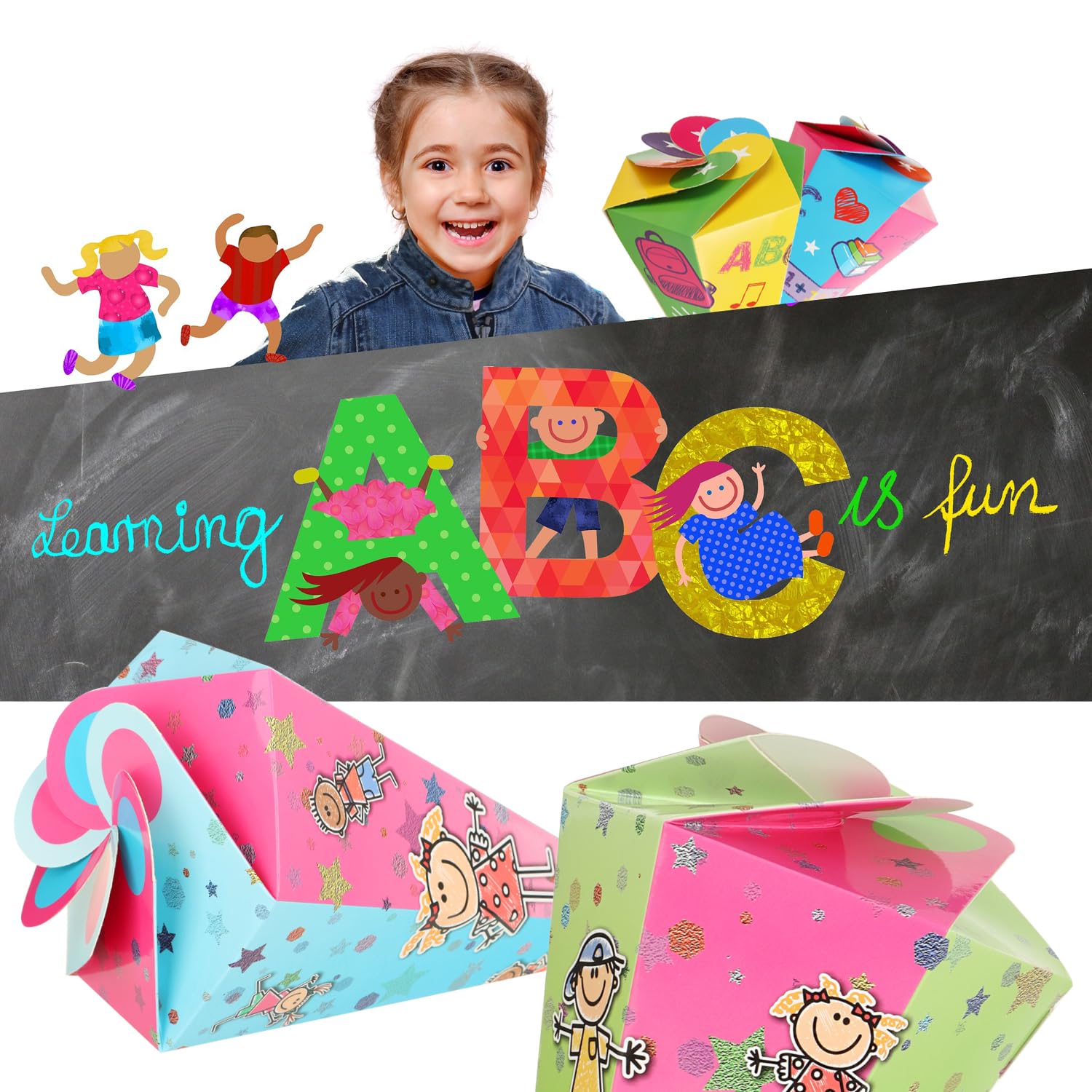 com-four 2 Coni Scolastici 30cm Pieghevole Cartone per Scuola Confezione Regalo
