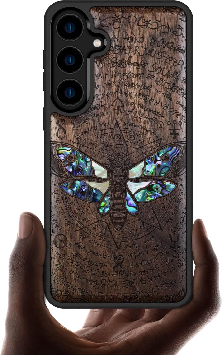 Carveit Designer Wooden Case for Samsung Galaxy S24 Plus Case [Wood Engraving & Shell Inlay] Compatible with Wireless Chargers S24 Plus Cover (Death's Head Moth-Walnut)