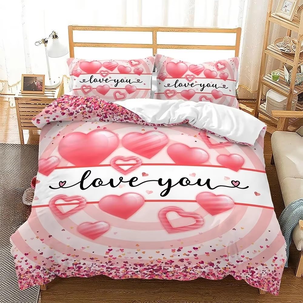 Parure de lit 260x240 moderne rose avec taies d'oreiller à motif cœur