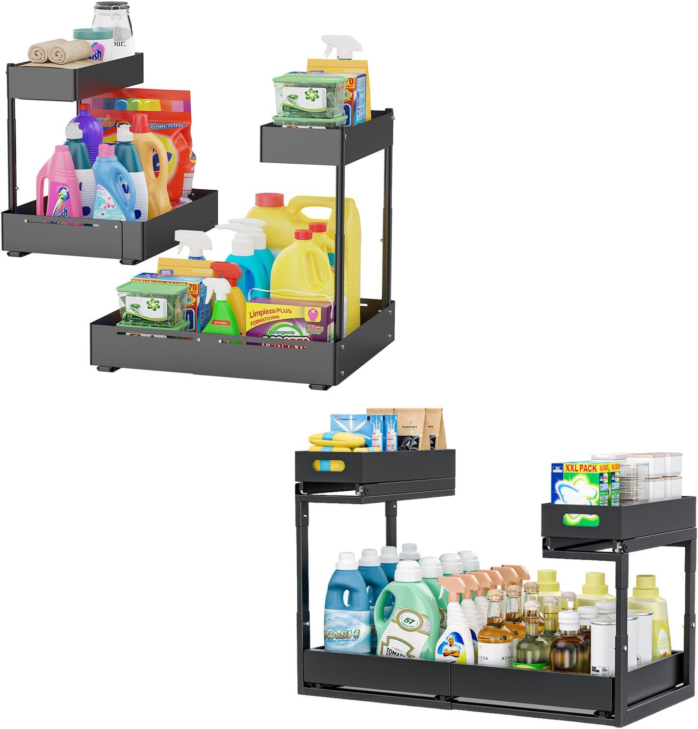 Insputer 2 Pack Under Sink Organizer Expandable Width 9.8"-15" & 2 Tier Under Sink Organizer with 3 Slide Rails, Under Cabinet Storage Expandable 15"-25"