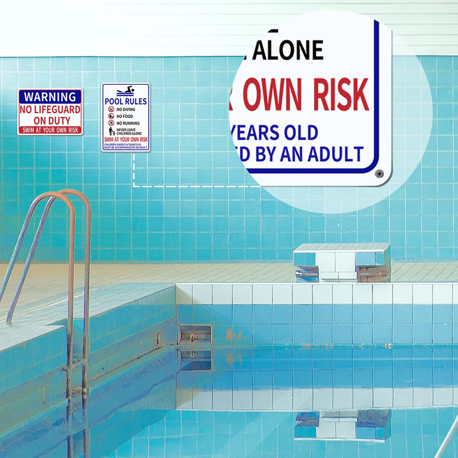 [Paquete 1+1] Letreros de piscina para exteriores, 14 x 10 pulgadas, impresos con "Watch Your Children" y "Swim at Your Own Risk", resistentes a la decoloración y sin óxido, carteles de piscina de