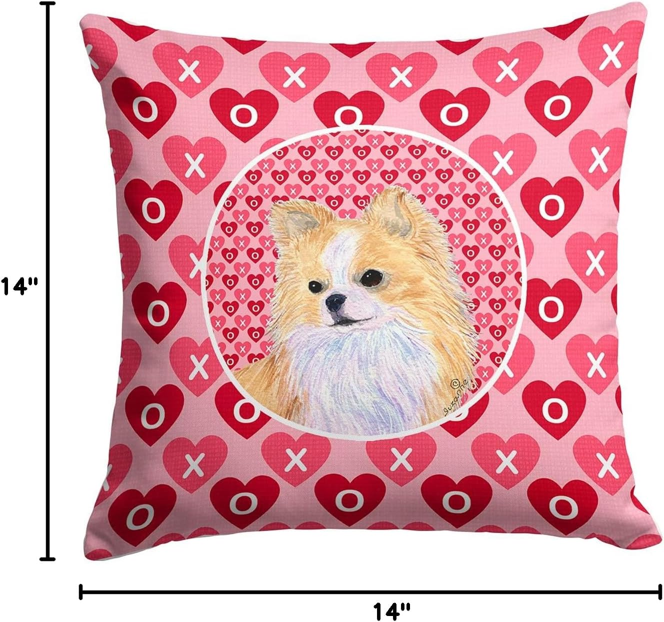 Caroline's Treasures SS4473PW1414 Chihuahua Hearts Love and Valentine's Day Portrait Fabric Decorative Pillow Machine Washable, Indoor Outdoor Decorative Pillow for Couch, Bed or Patio, 14Hx14W