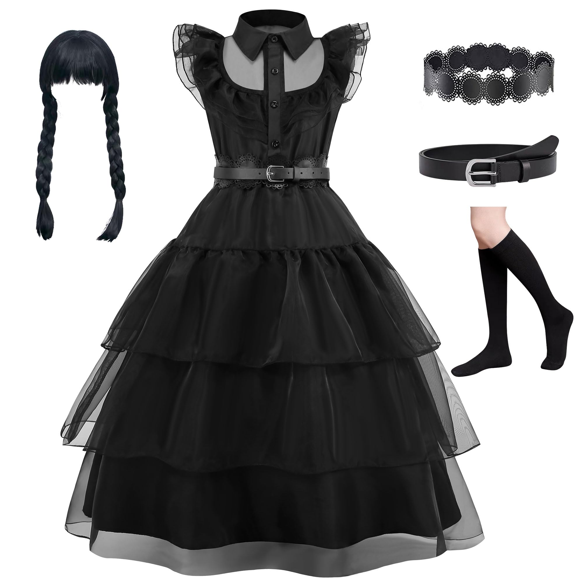 bluaqua Wednesday Costume Kids Girls Wednesday Dress Black Halloween Costume Girls 4-13 Years