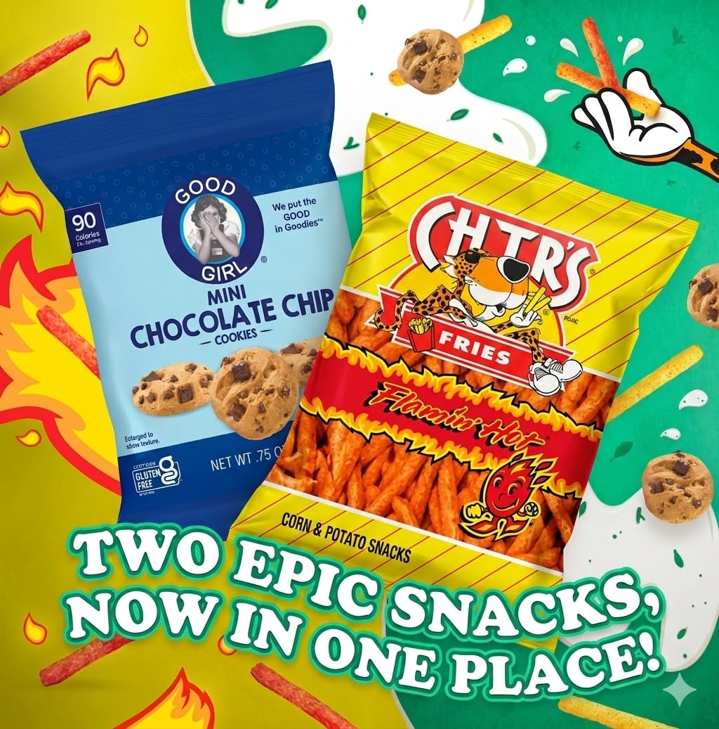 Chesters Frie Flamin Hot Corn Snack Fries & GoodIe Girl Chocolate Chip Mini Cookies Snack Pack, Gluten Free Variety Bundle, Individual Bags Multipack, Spicy Chips & Sweet Snacks for Lunch Boxes, Kids, Office & Travel